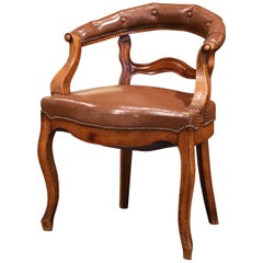 19th Century French Louis Philippe Carved Walnut Desk Armchair with Leather
