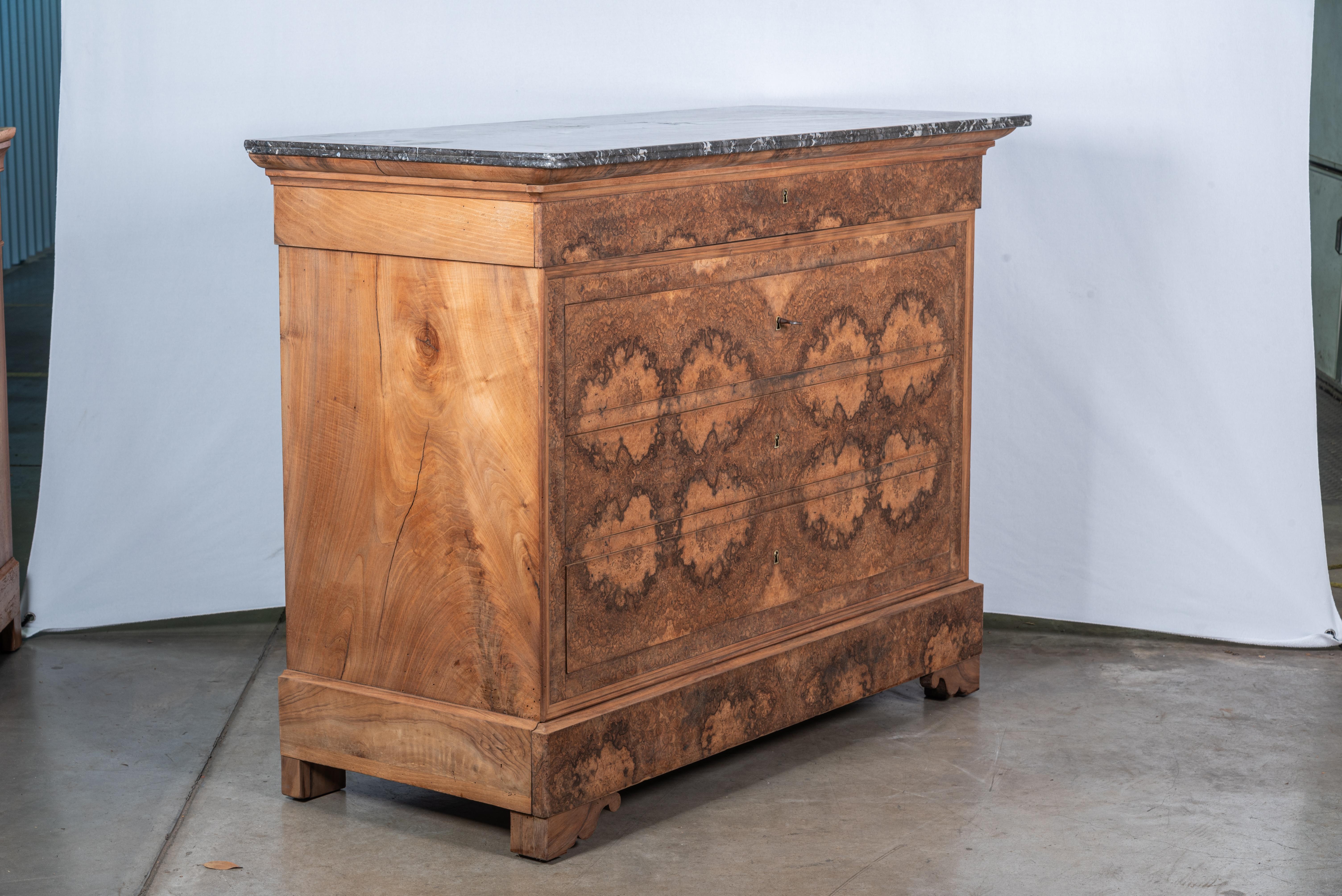 Marble 19th Century French Louis Philippe Commode Burl Veneer For Sale