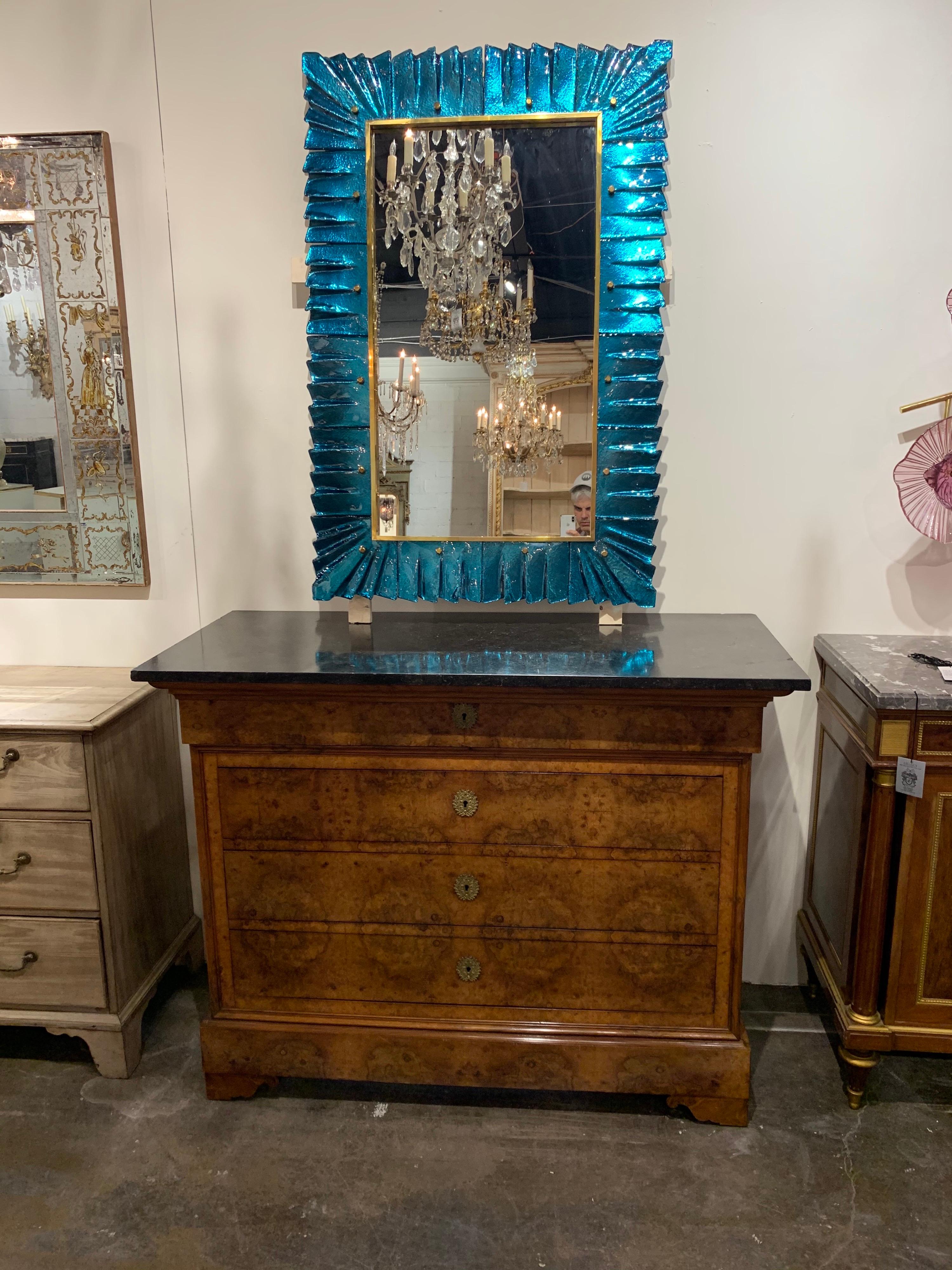Handsome 19th century French Louis Philippe matched grain commode. The piece has a gorgeous finish and the top is a very fine piece of black Belgian marble. Very fine quality!