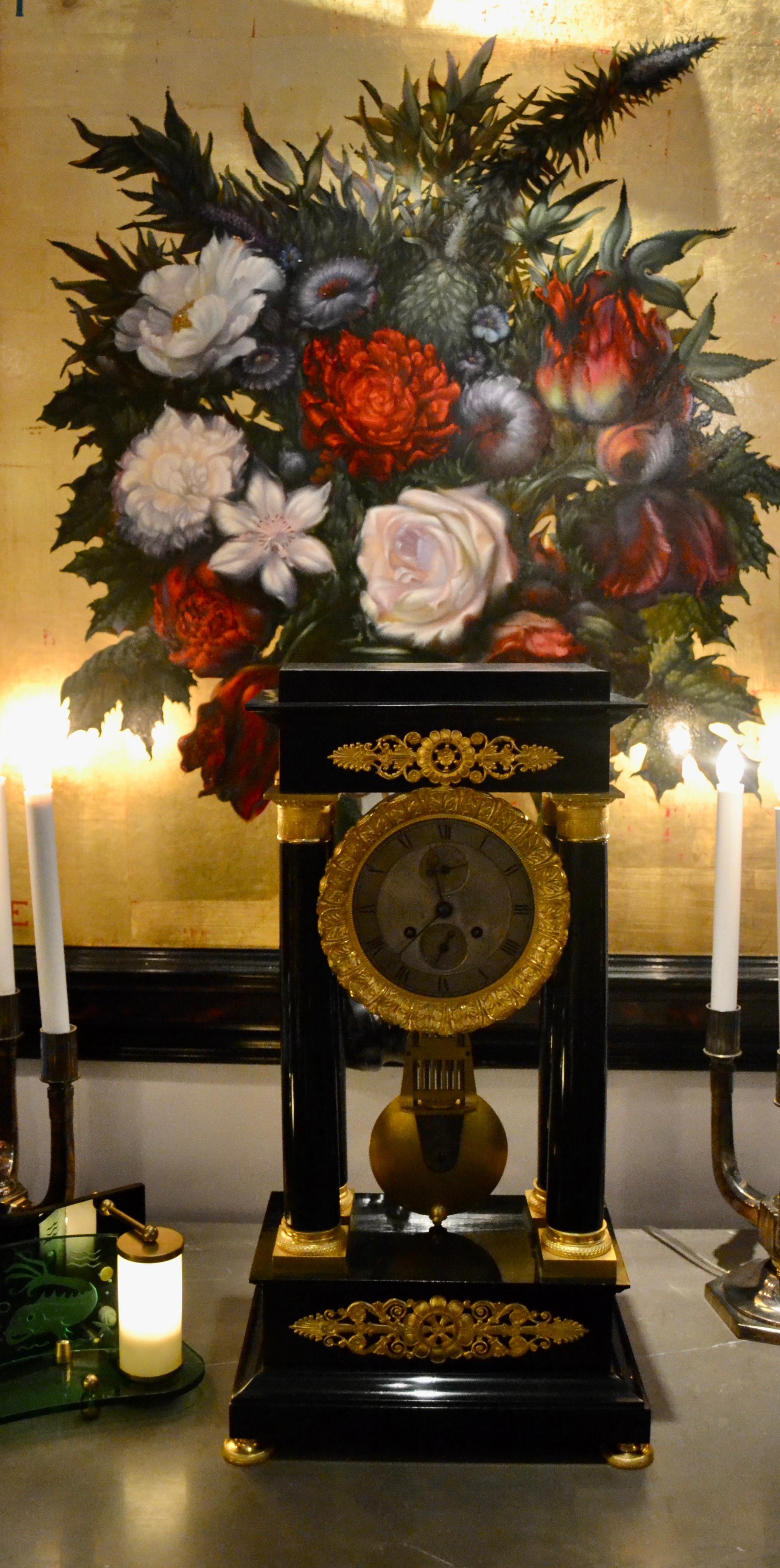 19th Century French Louis Philippe Ebonized Wood and Gilt Bronze Portico Clock For Sale 7