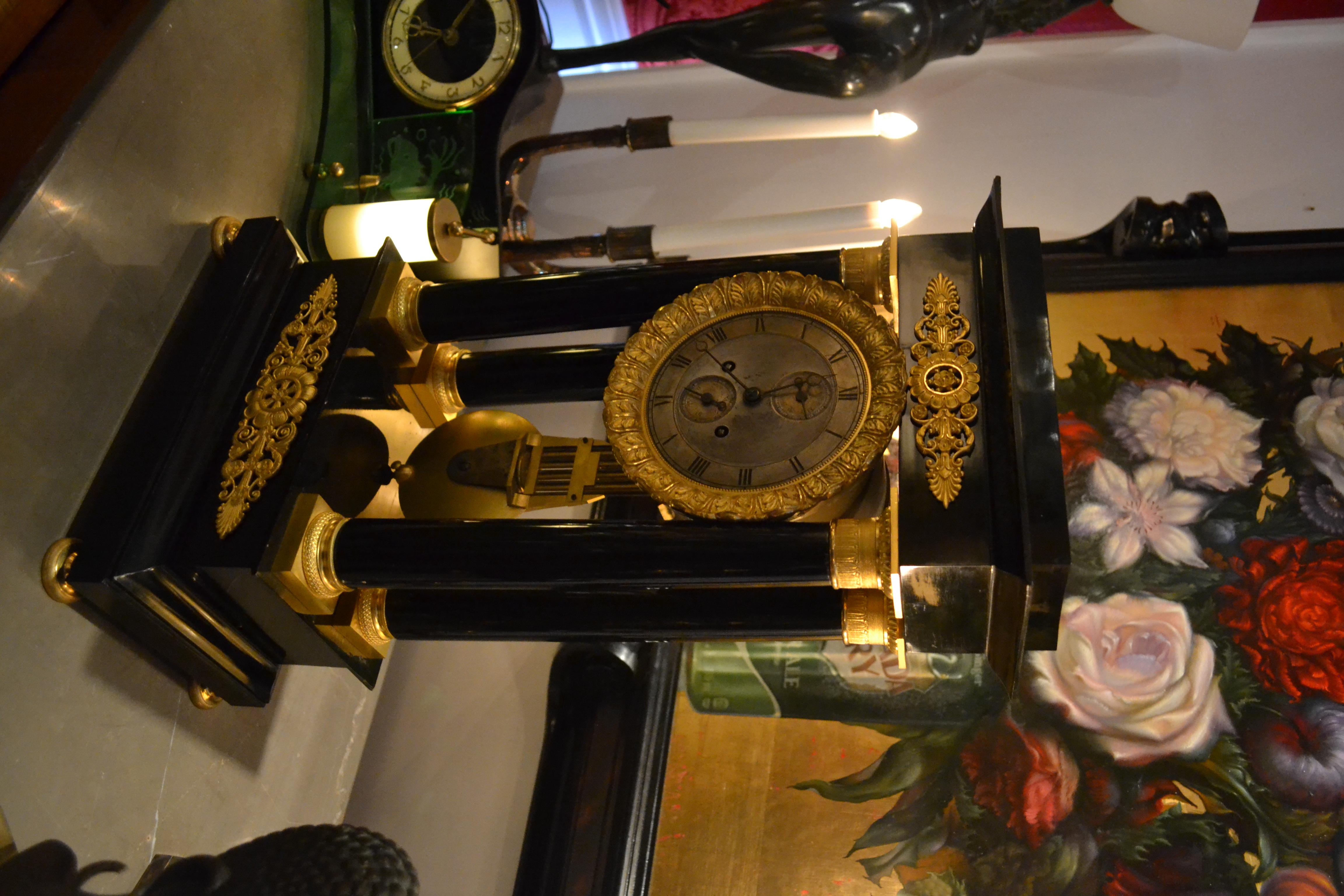 19th Century French Louis Philippe Ebonized Wood and Gilt Bronze Portico Clock For Sale 5
