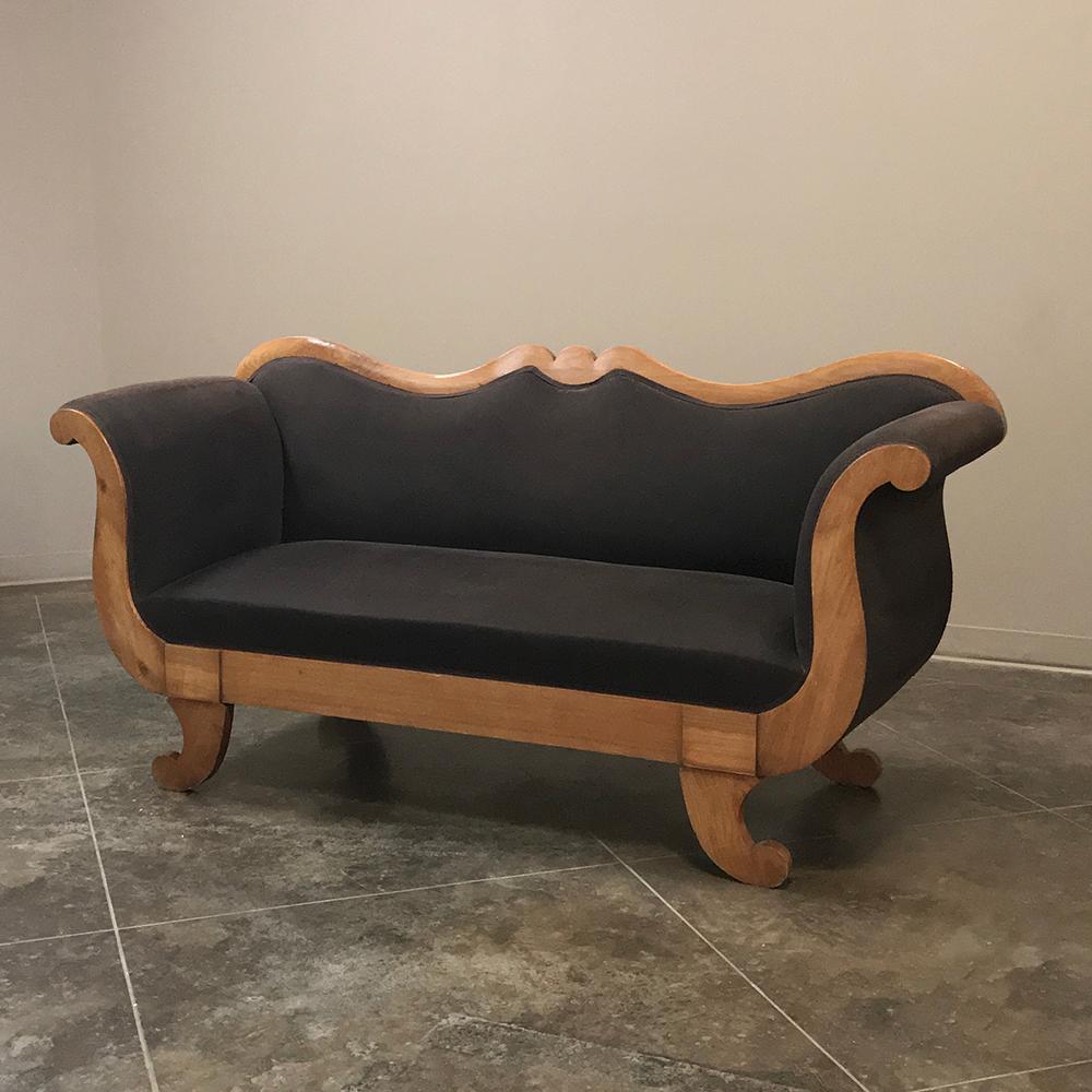19th Century French Louis Philippe Fruitwood Sofa with Dark Brown Velvet features graceful lines and a timeless elegance that transcends styles from the time of the ancient Egyptians to the present day! The elegant lines of the Louis Philippe frame