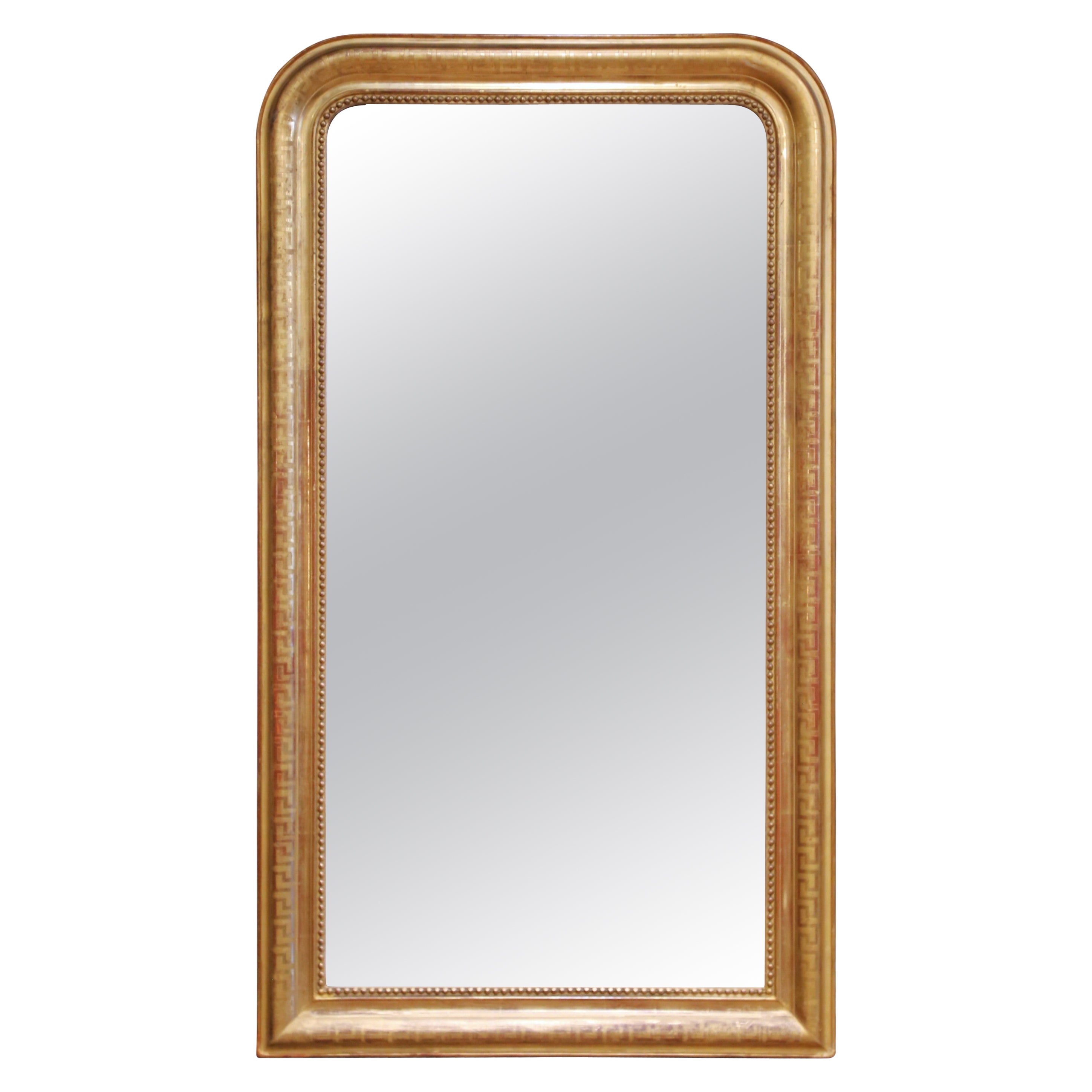 19th Century French Louis Philippe Gilt Wall Mirror with Greek Key Decor