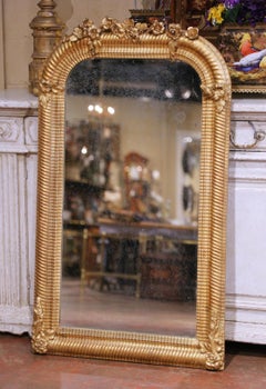 19th Century French Louis Philippe Giltwood Arched Mirror with Floral Crest