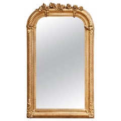 19th Century French Louis Philippe Giltwood Arched Mirror with Floral Crest