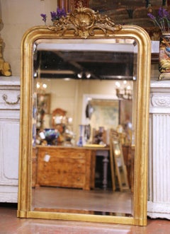 19th Century French Louis Philippe Giltwood Mantel Mirror with Carved Crest