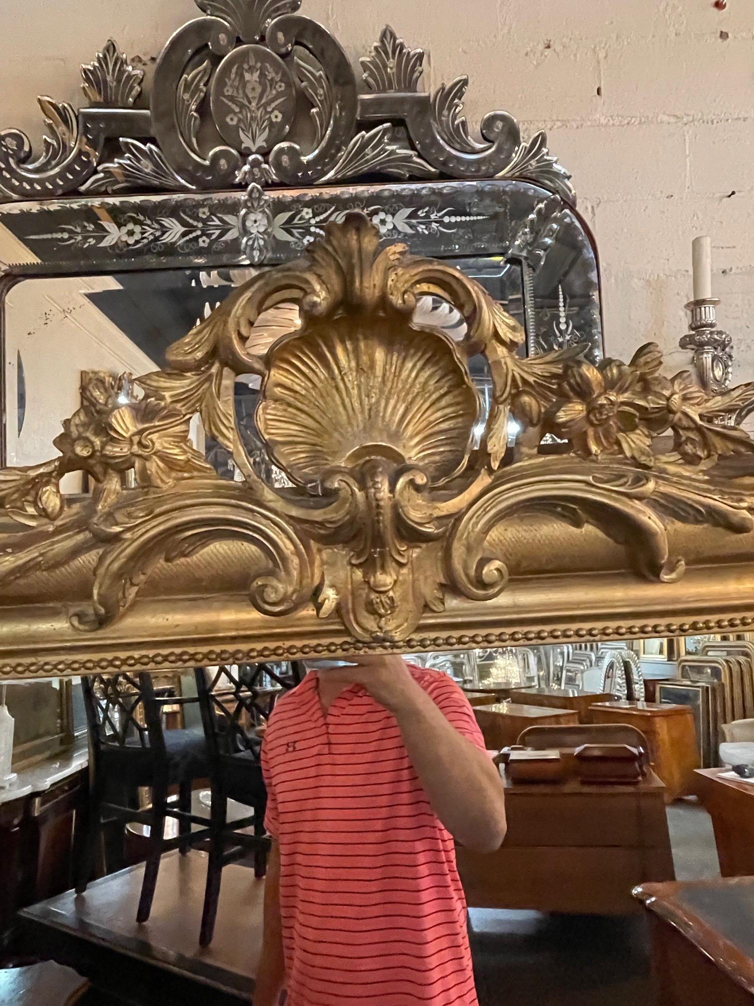 Carved 19th Century French Louis Philippe Giltwood Mirror with Crest