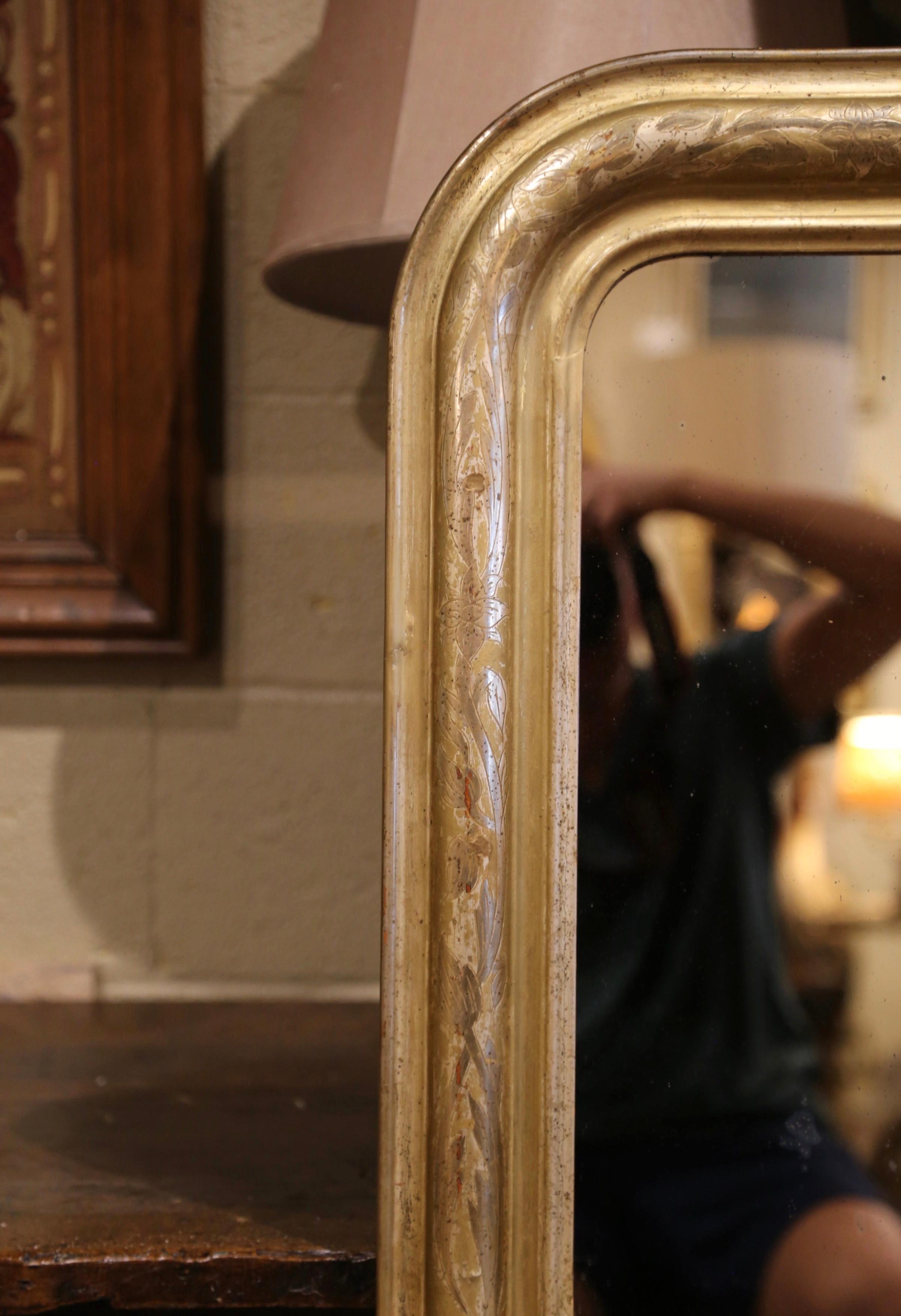 Hand-Carved 19th Century French Louis Philippe Giltwood Mirror with Engraved Floral Decor