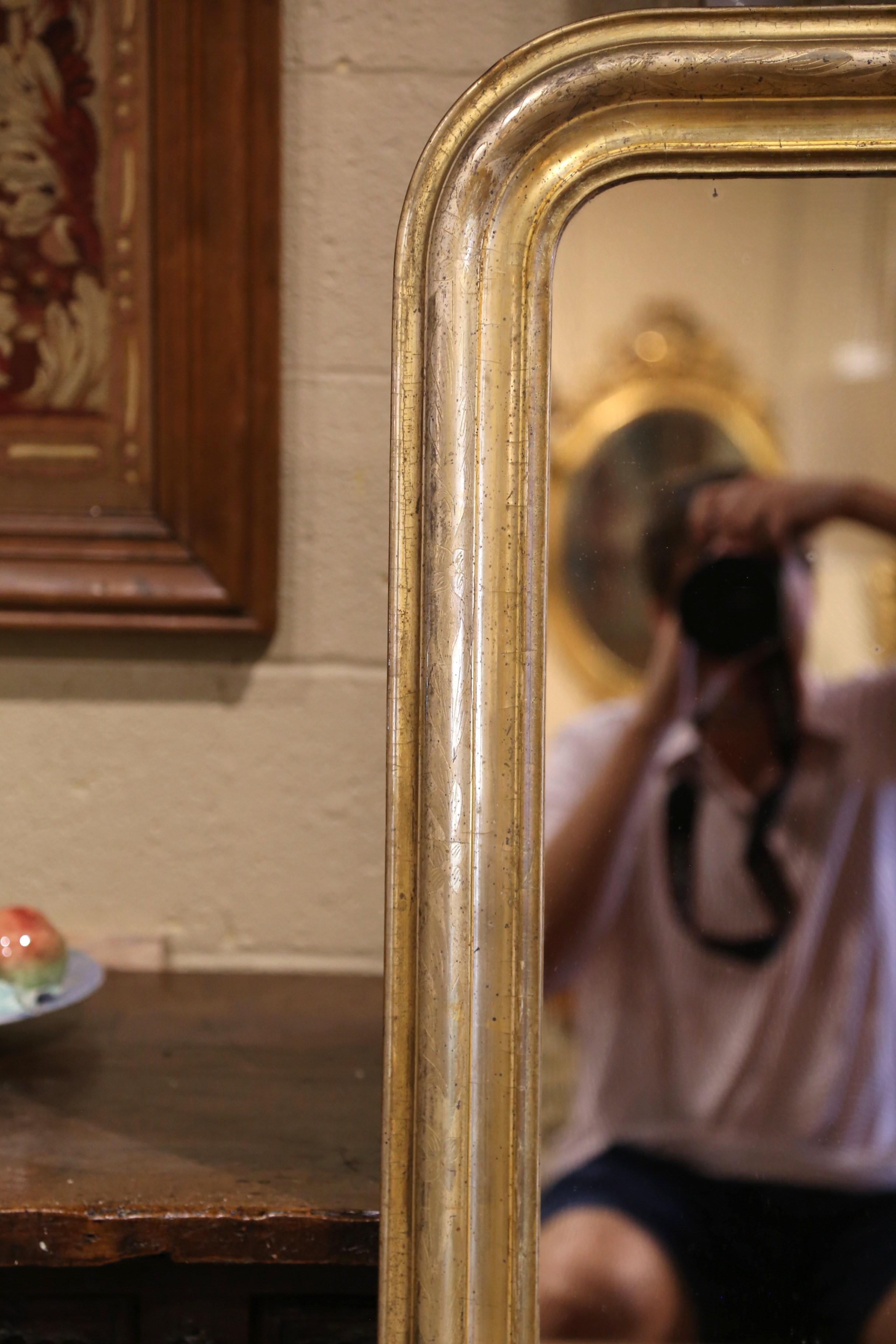 19th Century French Louis Philippe Giltwood Mirror with Engraved Floral Decor 1