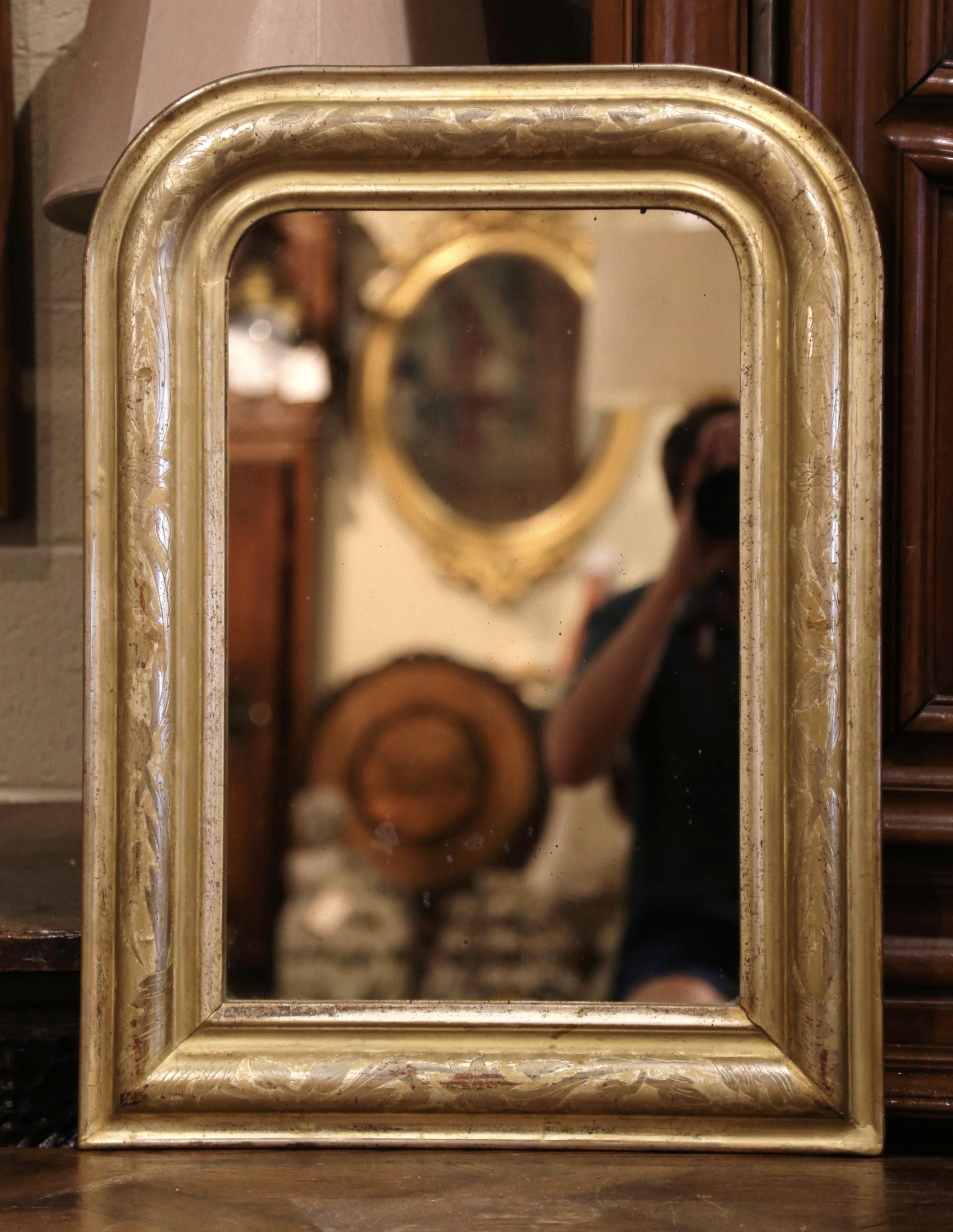 Mercury Glass 19th Century French Louis Philippe Giltwood Mirror with Engraved Floral Decor