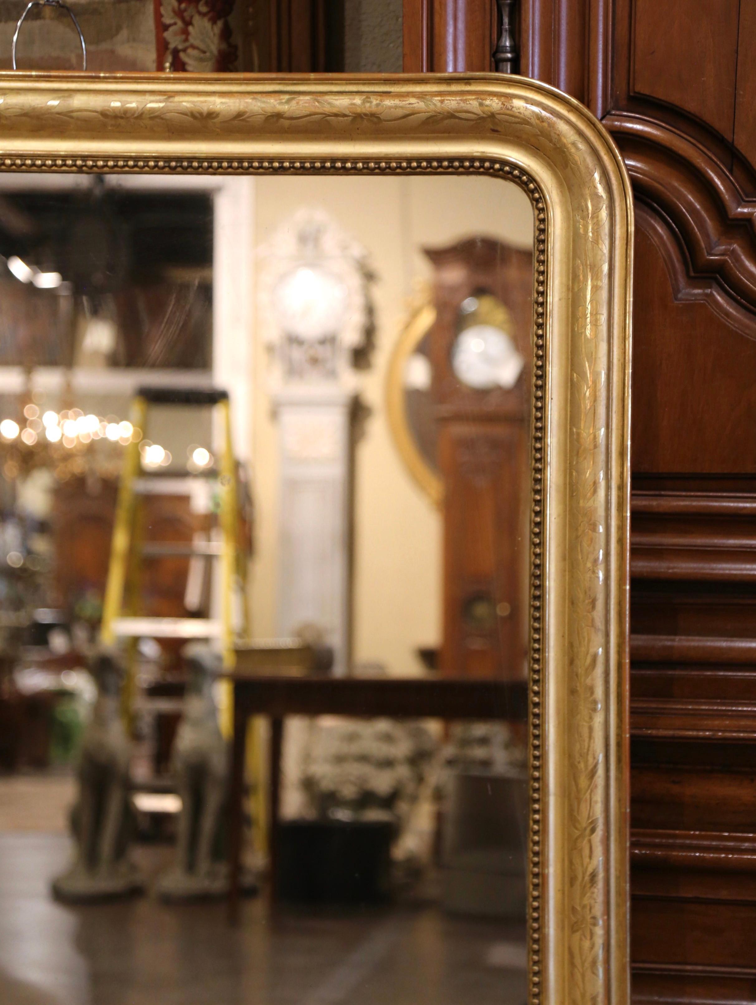 Mercury Glass 19th Century French Louis Philippe Giltwood Mirror with Engraved Floral Decor