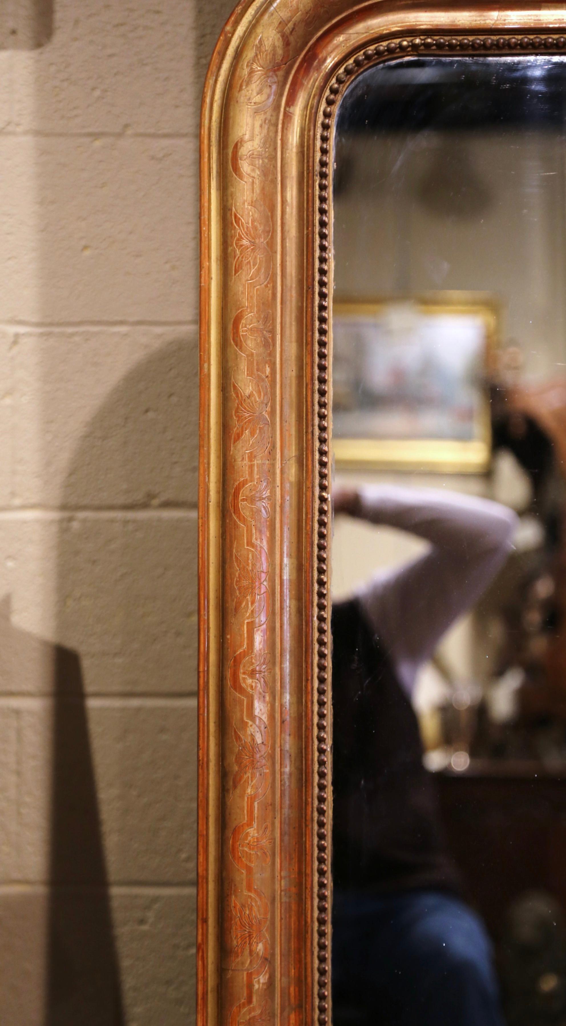 19th Century French Louis Philippe Giltwood Mirror with Engraved Floral Decor 1