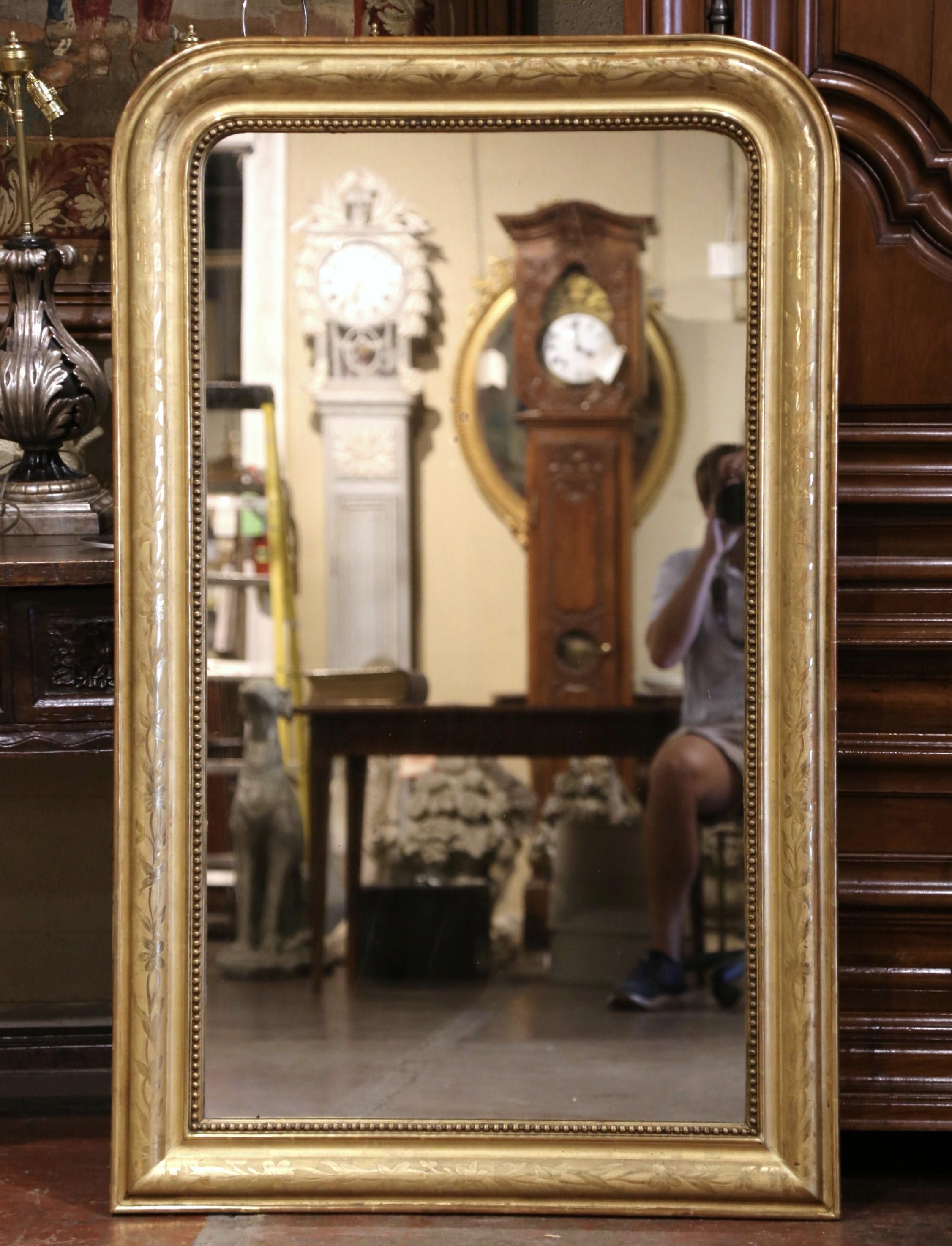 19th Century French Louis Philippe Giltwood Mirror with Engraved Floral Decor 1