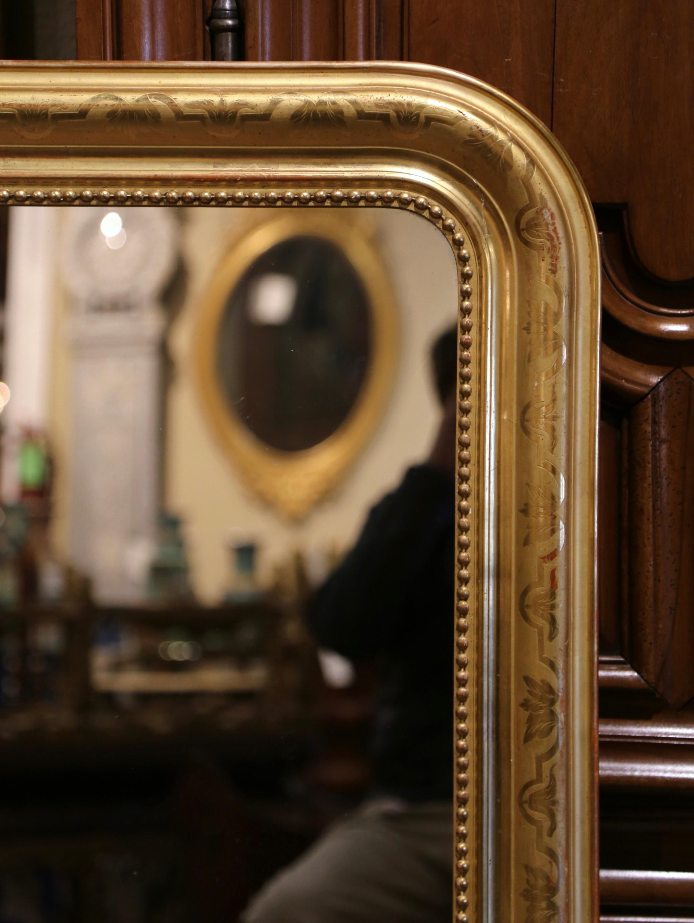 19th Century French Louis Philippe Giltwood Mirror with Engraved Floral Decor 4