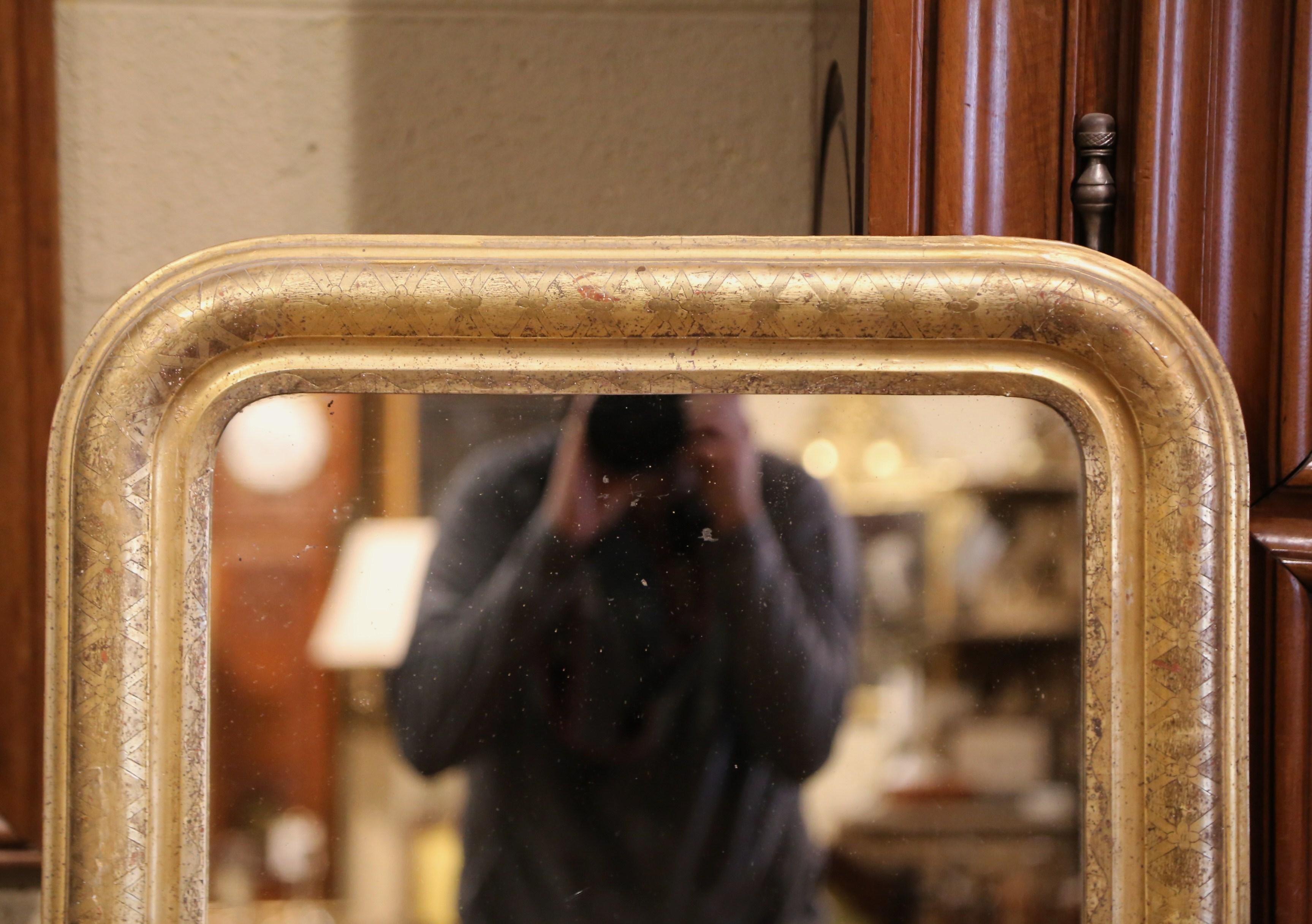 Hand-Carved 19th Century French Louis Philippe Giltwood Mirror with Engraved Geometric Decor