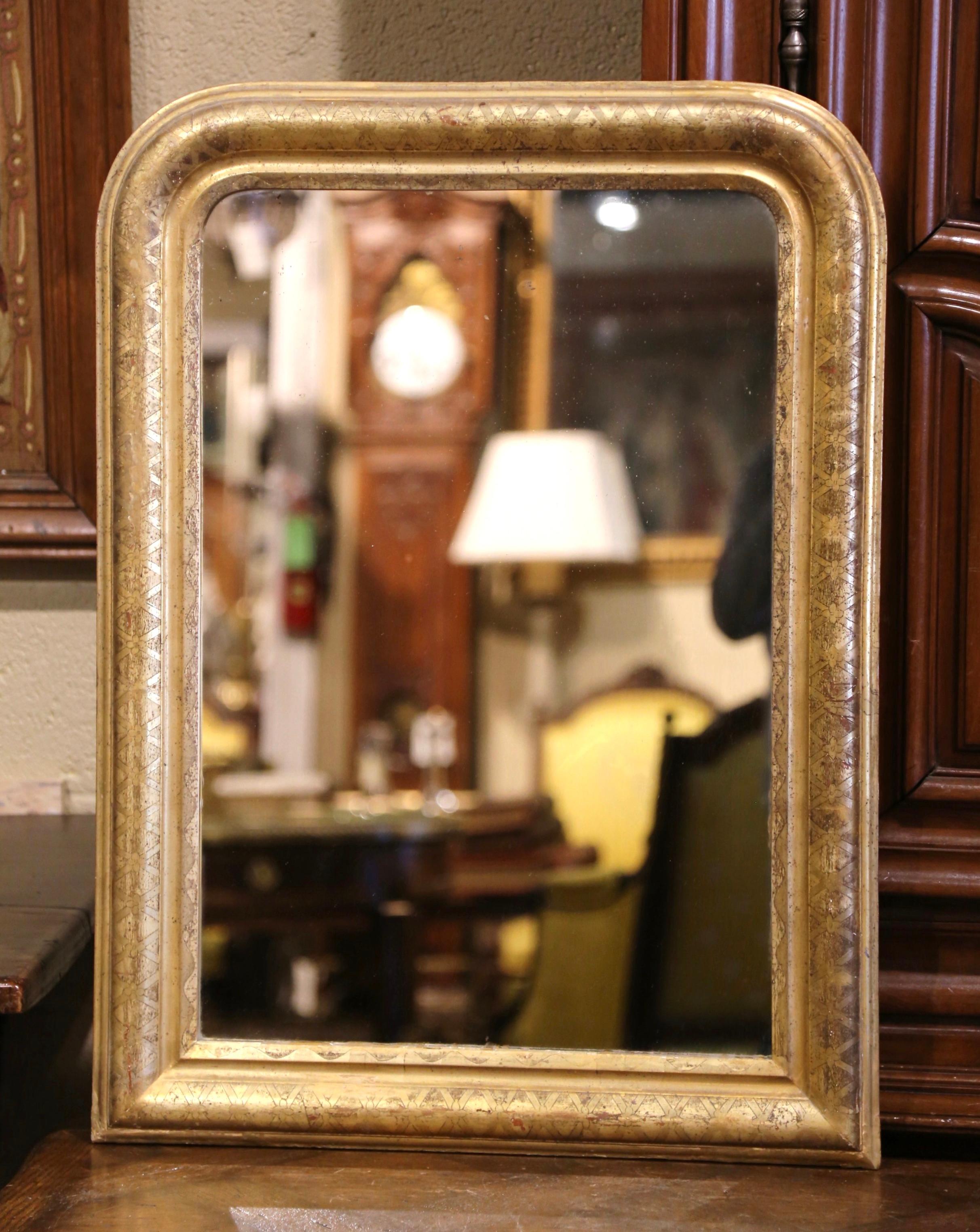 Mercury Glass 19th Century French Louis Philippe Giltwood Mirror with Engraved Geometric Decor