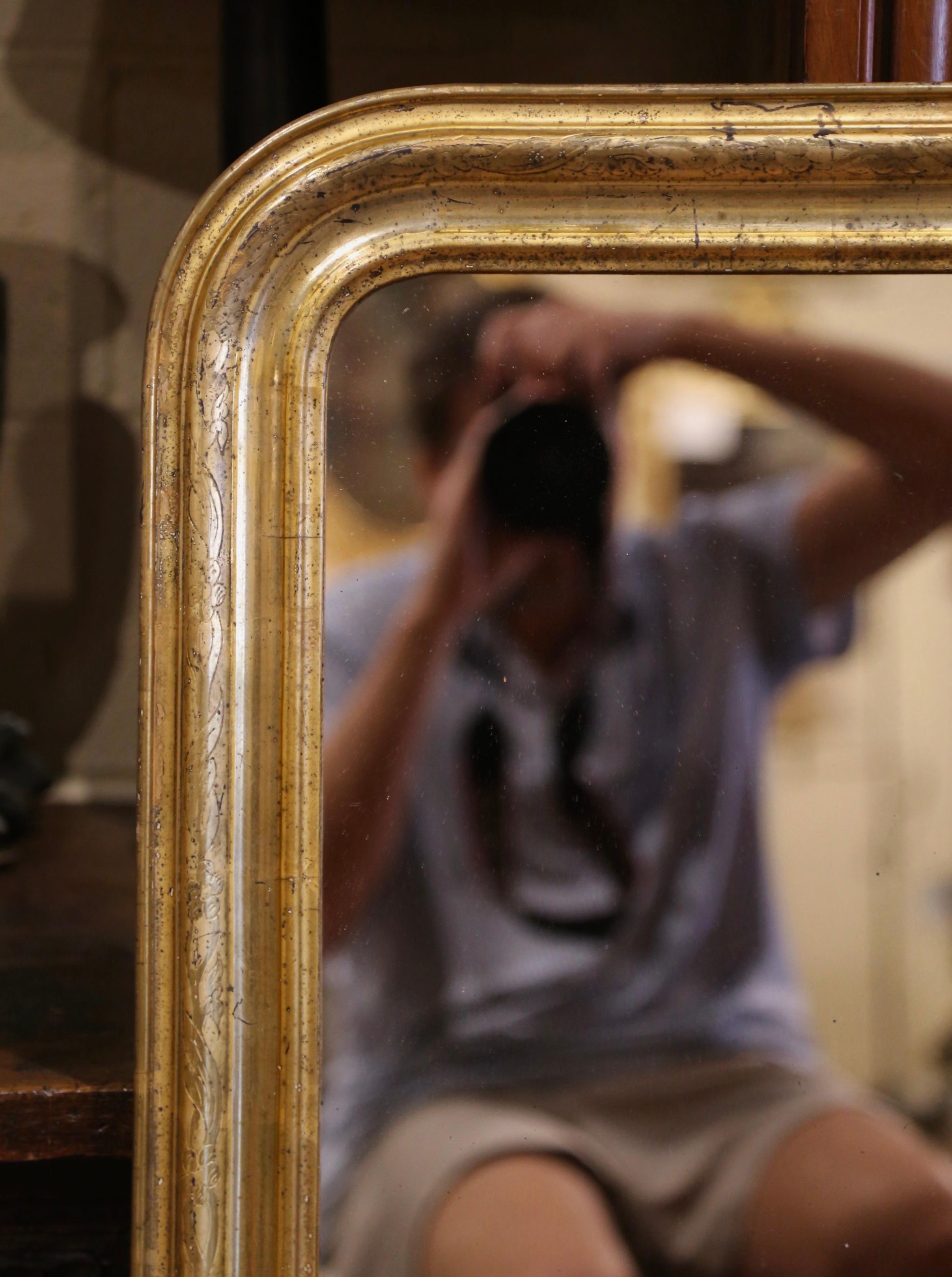 Mercury Glass 19th Century French Louis Philippe Giltwood Mirror with Floral Decor For Sale