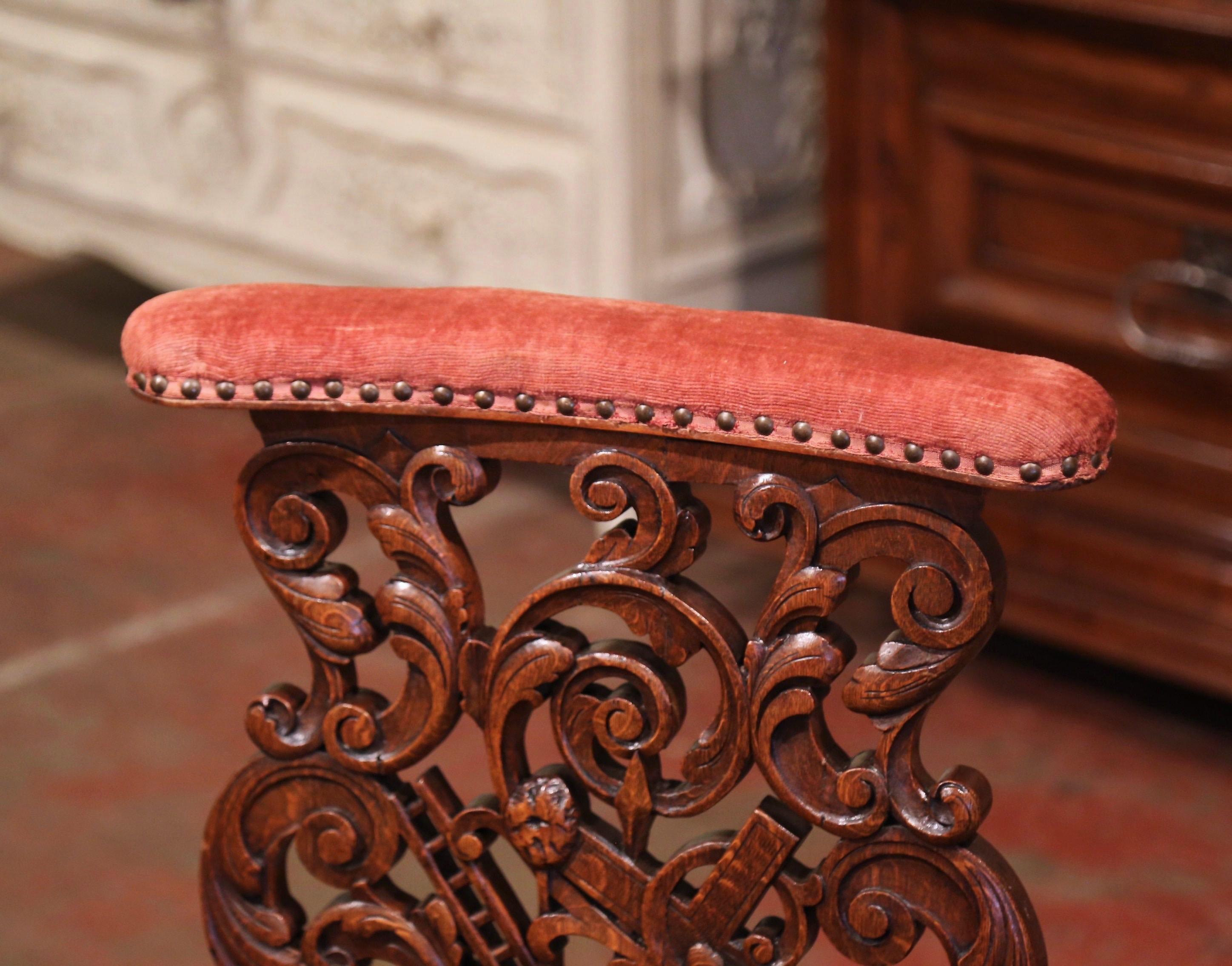 19th Century French Louis Philippe Hand Carved Oak Prayer Bench with Velvet In Excellent Condition In Dallas, TX