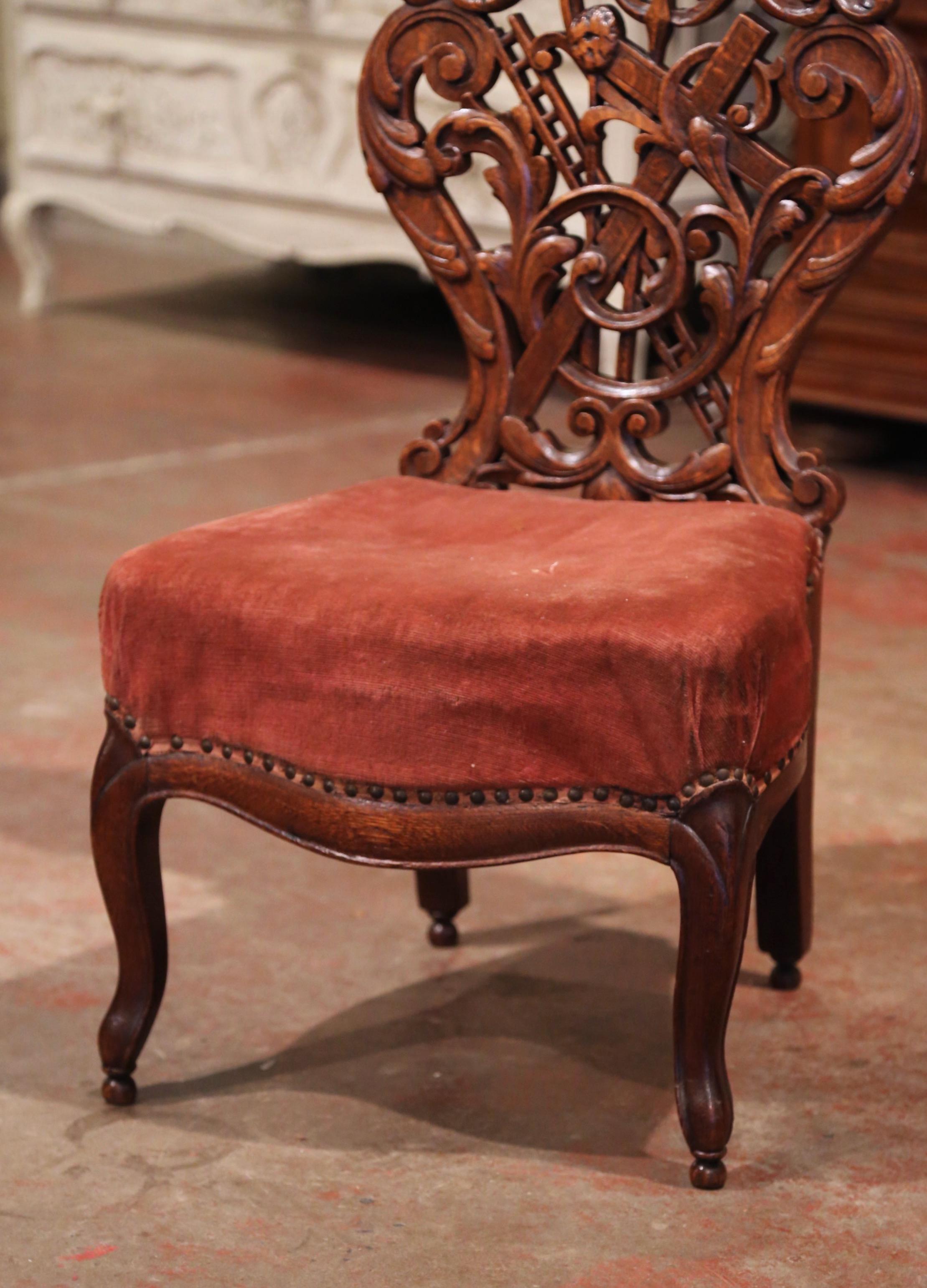 19th Century French Louis Philippe Hand Carved Oak Prayer Bench with Velvet 2