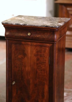 19th Century French Louis Philippe Marble Top Burl Walnut Bedside Table