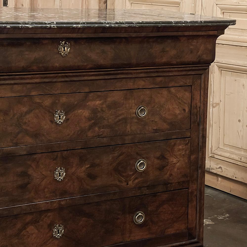 19th Century French Louis Philippe Marble Top Burl Walnut Commode ~ Chest of Dra For Sale 5