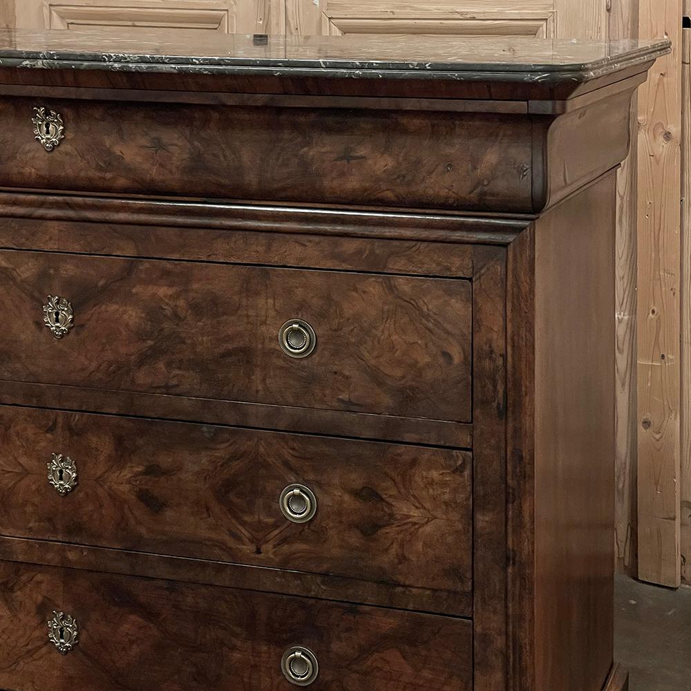19th Century French Louis Philippe Marble Top Burl Walnut Commode ~ Chest of Dra For Sale 7
