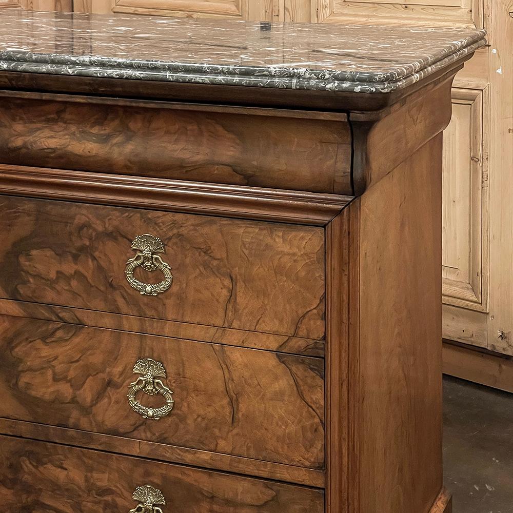 19th Century French Louis Philippe Marble Top Burl Walnut Commode ~ Chest of Dra For Sale 8