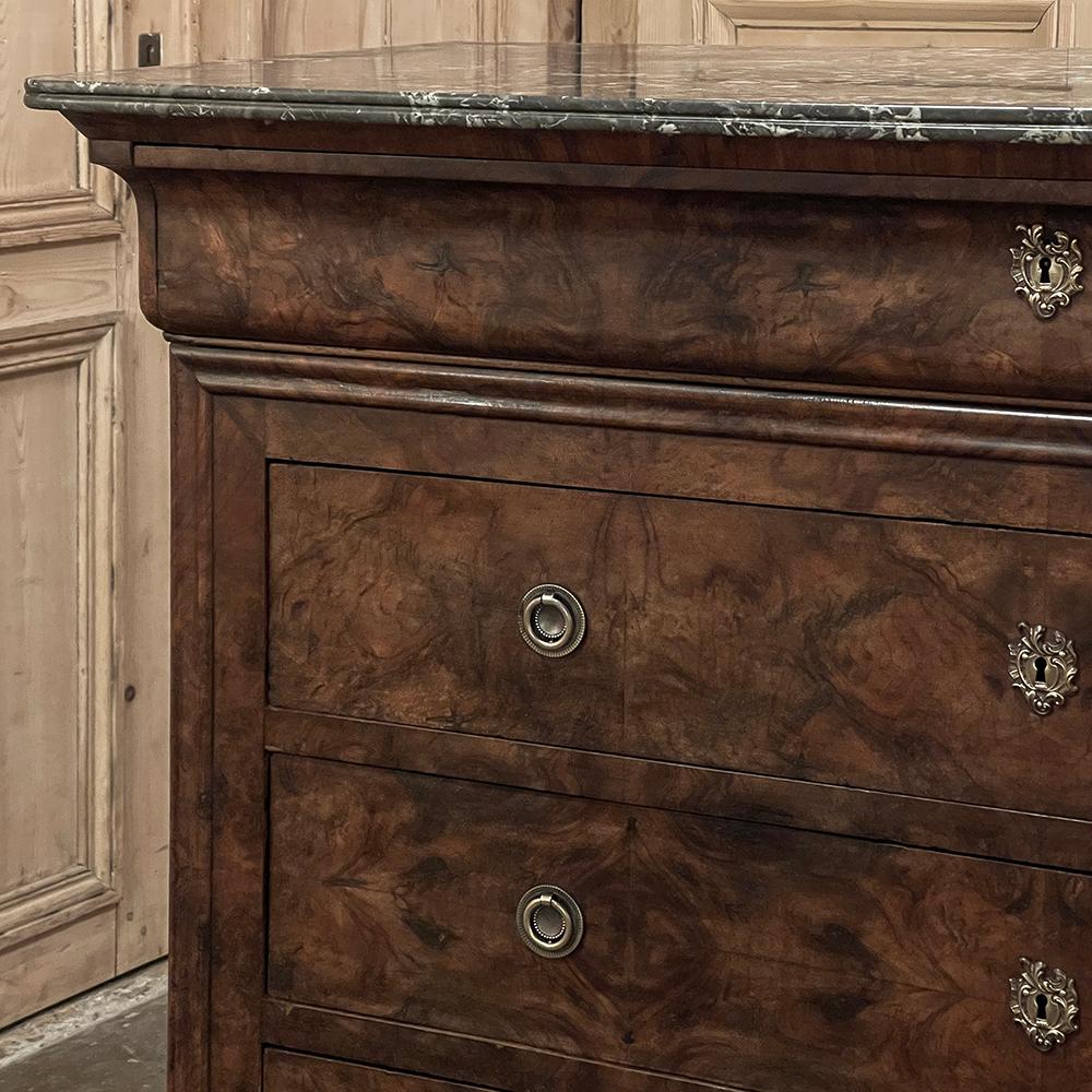 19th Century French Louis Philippe Marble Top Burl Walnut Commode ~ Chest of Dra For Sale 9