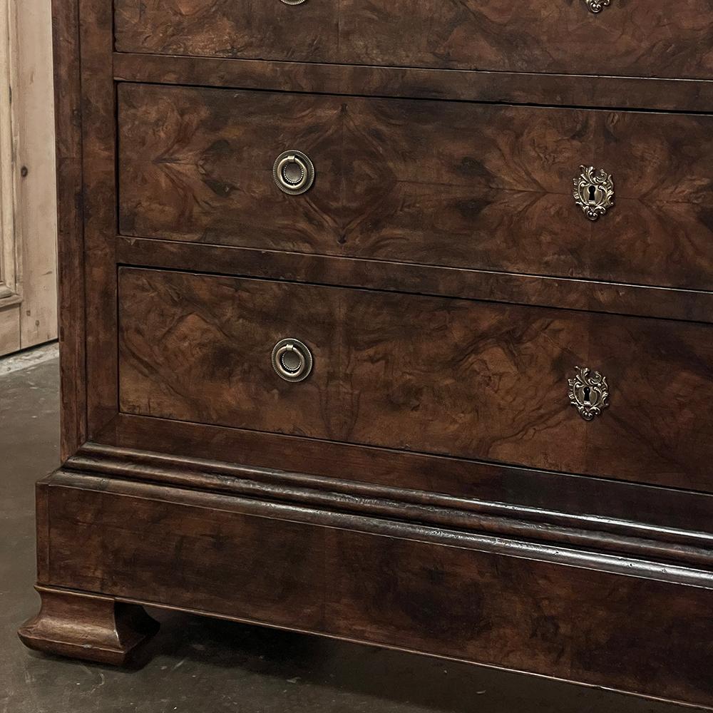 19th Century French Louis Philippe Marble Top Burl Walnut Commode ~ Chest of Dra For Sale 10