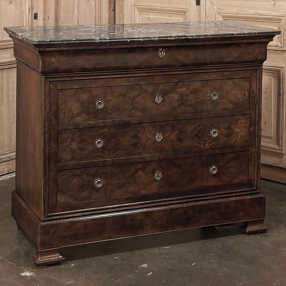 19th Century French Louis Philippe Marble Top Burl Walnut Commode ~ Chest of Drawers is a superlative example of the tailored architecture and restrained ornamentation that has made this style popular since the mid-1800s.  Utilizing indigenous