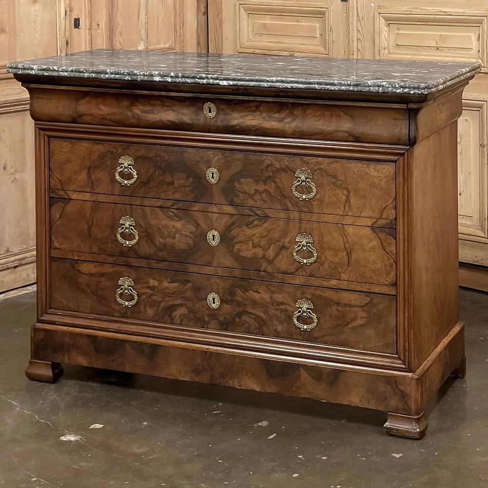 19th Century French Louis Philippe Marble Top Burl Walnut Commode ~ Chest of Drawers is a superlative example of the tailored architecture and tailored ornamentation that has made this style popular since the mid-1800s.  Utilizing indigenous walnut,