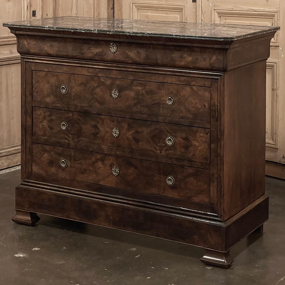 Hand-Crafted 19th Century French Louis Philippe Marble Top Burl Walnut Commode ~ Chest of Dra For Sale