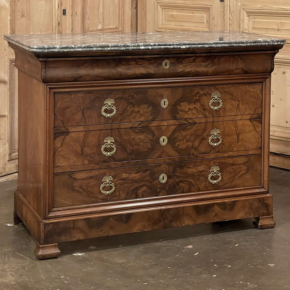Hand-Crafted 19th Century French Louis Philippe Marble Top Burl Walnut Commode ~ Chest of Dra For Sale