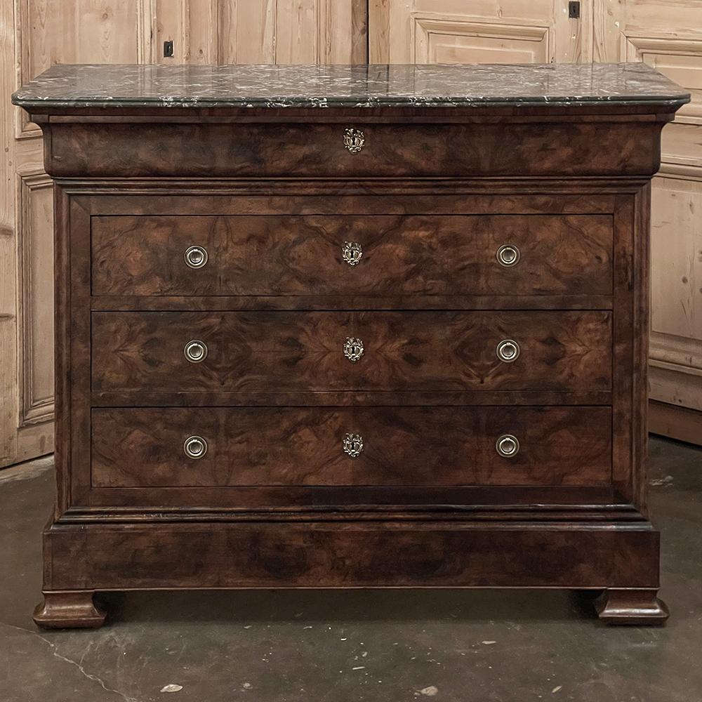 19th Century French Louis Philippe Marble Top Burl Walnut Commode ~ Chest of Dra In Good Condition For Sale In Dallas, TX