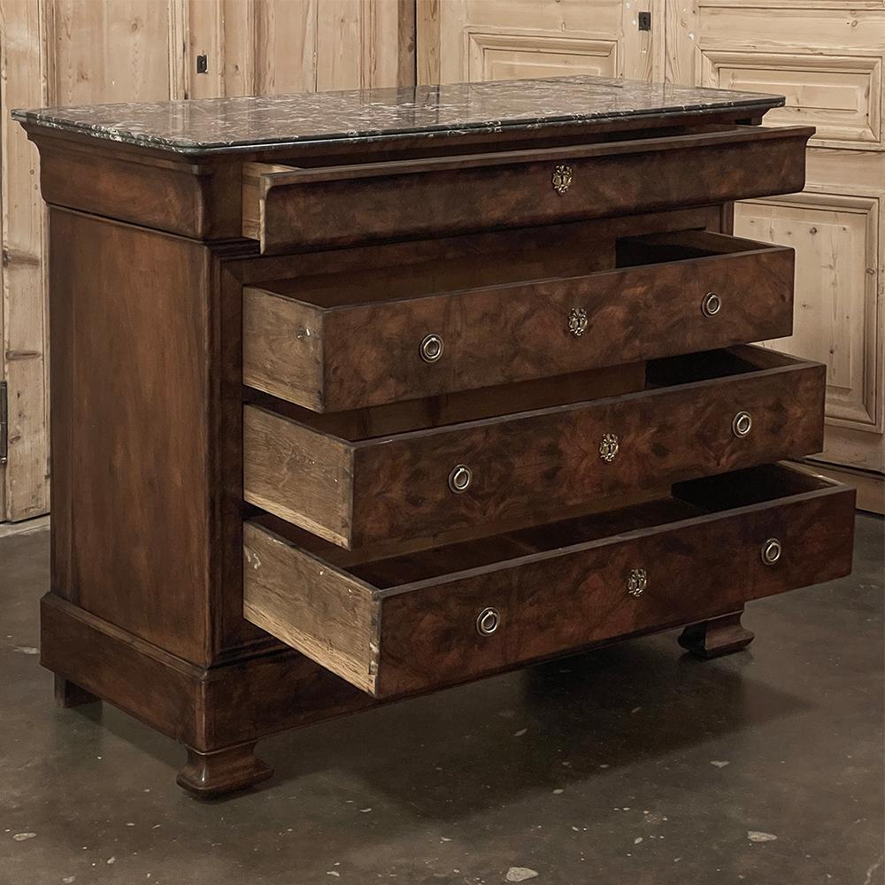 Mid-19th Century 19th Century French Louis Philippe Marble Top Burl Walnut Commode ~ Chest of Dra For Sale