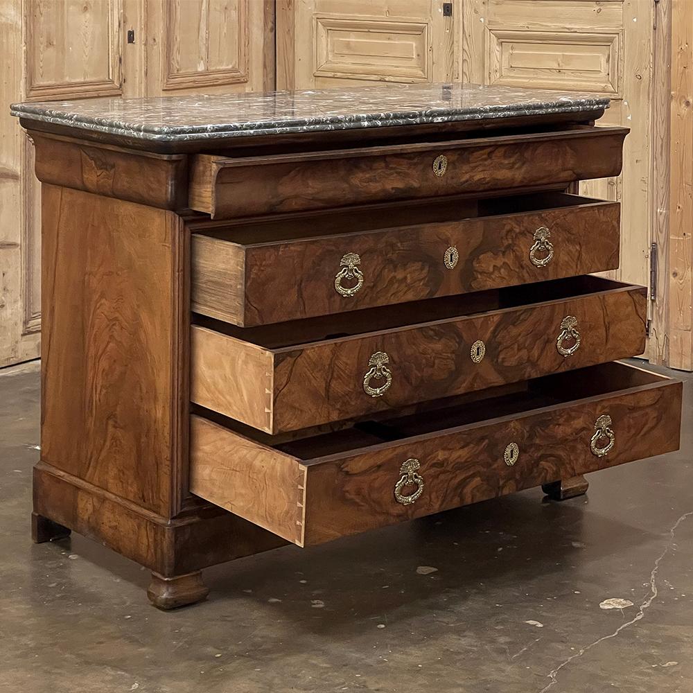 Brass 19th Century French Louis Philippe Marble Top Burl Walnut Commode ~ Chest of Dra For Sale