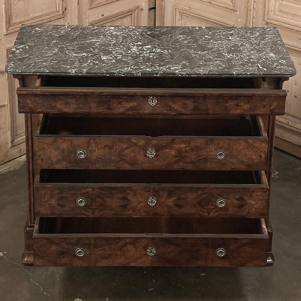 Brass 19th Century French Louis Philippe Marble Top Burl Walnut Commode ~ Chest of Dra For Sale