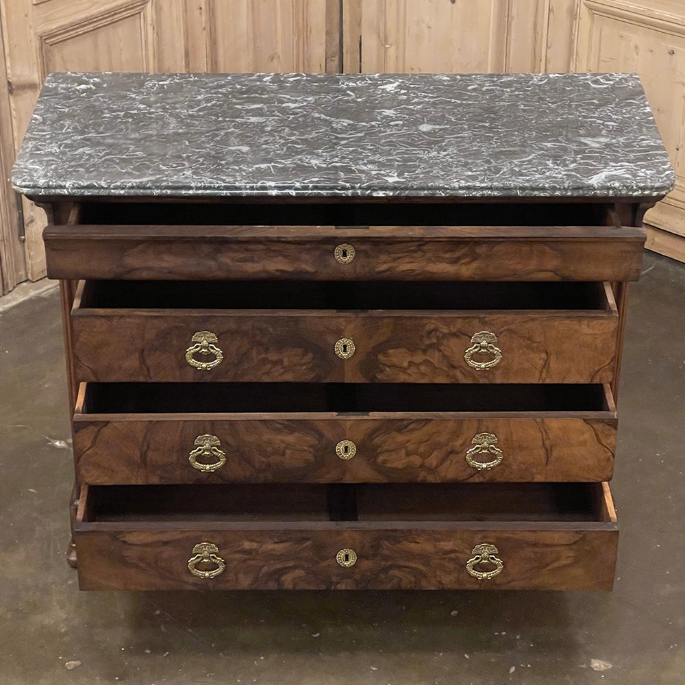 19th Century French Louis Philippe Marble Top Burl Walnut Commode ~ Chest of Dra For Sale 1