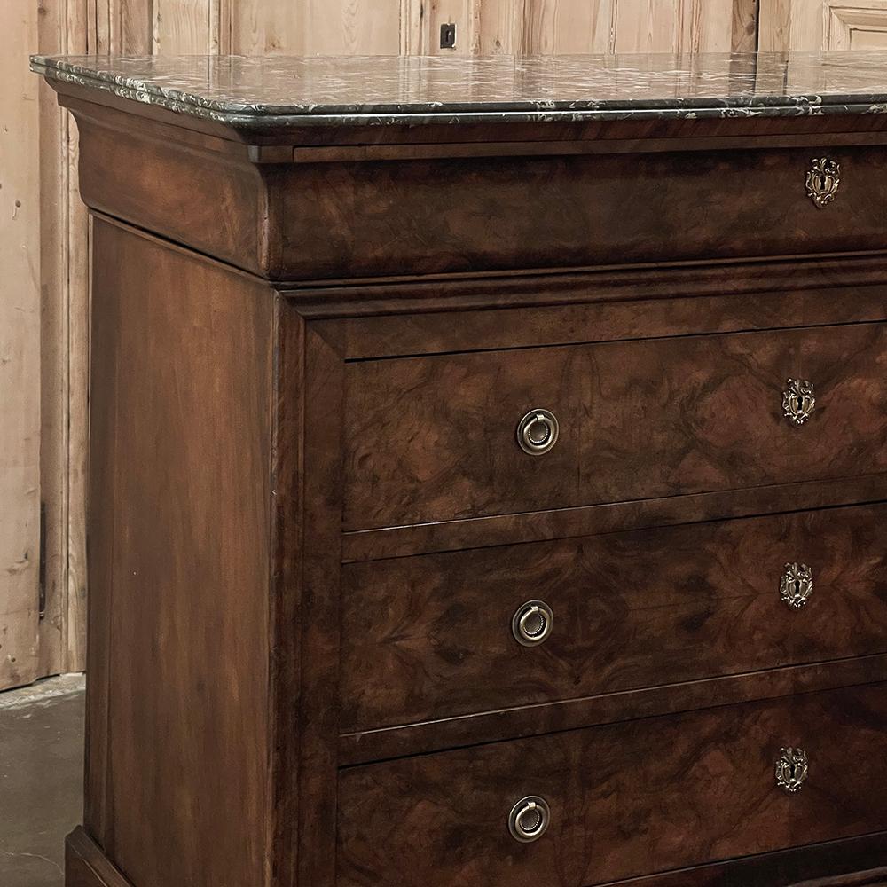 19th Century French Louis Philippe Marble Top Burl Walnut Commode ~ Chest of Dra For Sale 3
