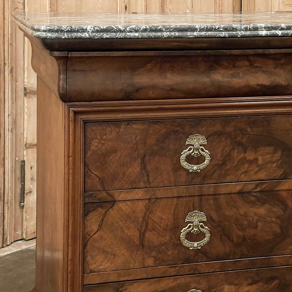 19th Century French Louis Philippe Marble Top Burl Walnut Commode ~ Chest of Dra For Sale 4