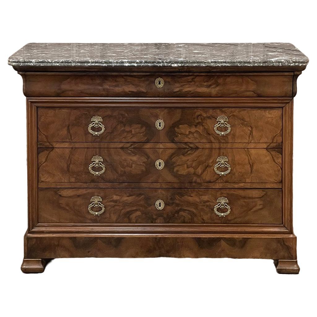 19th Century French Louis Philippe Marble Top Burl Walnut Commode ~ Chest of Dra For Sale