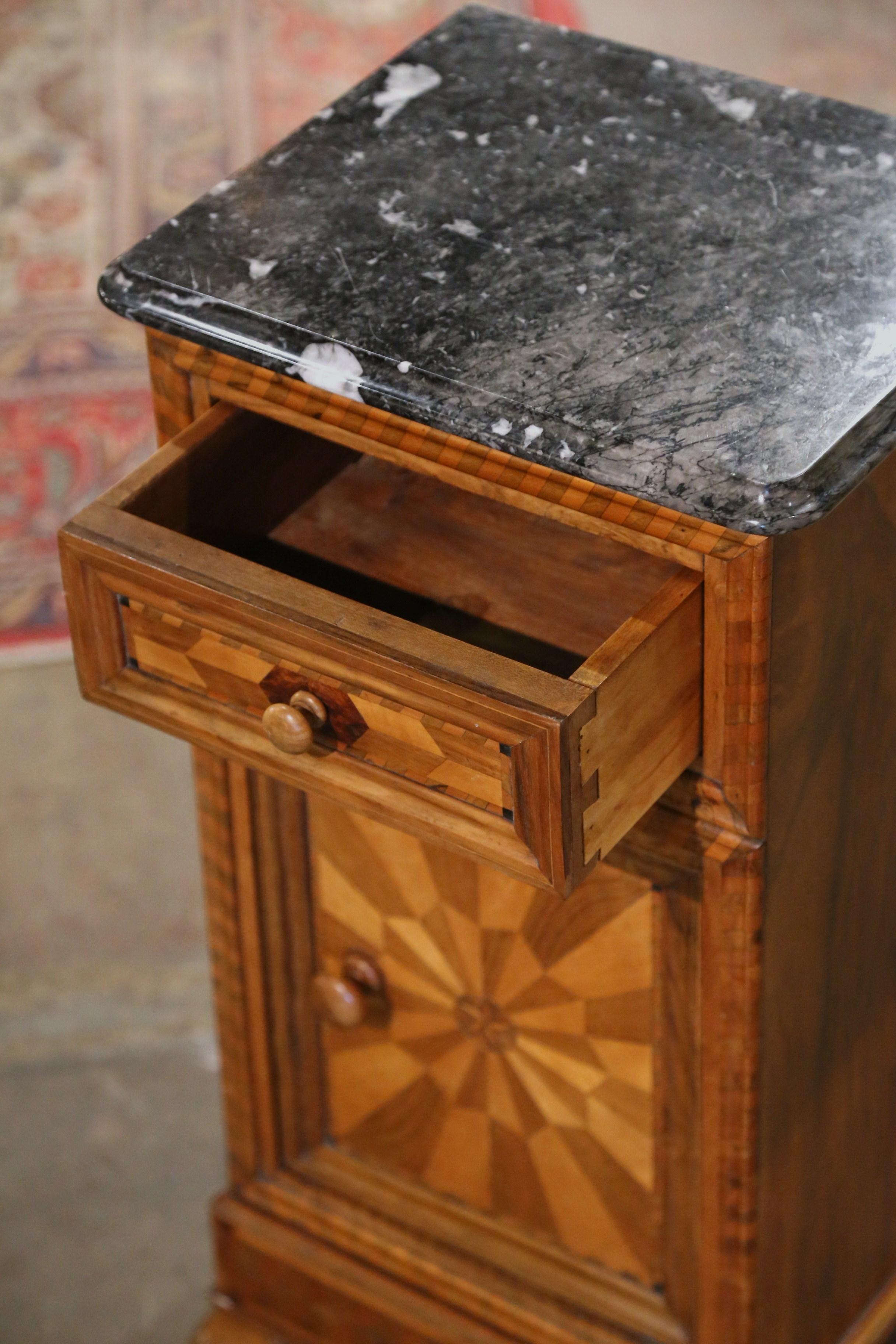 19th Century French Louis Philippe Marble Top Walnut Marquetry Bedside Table For Sale 6