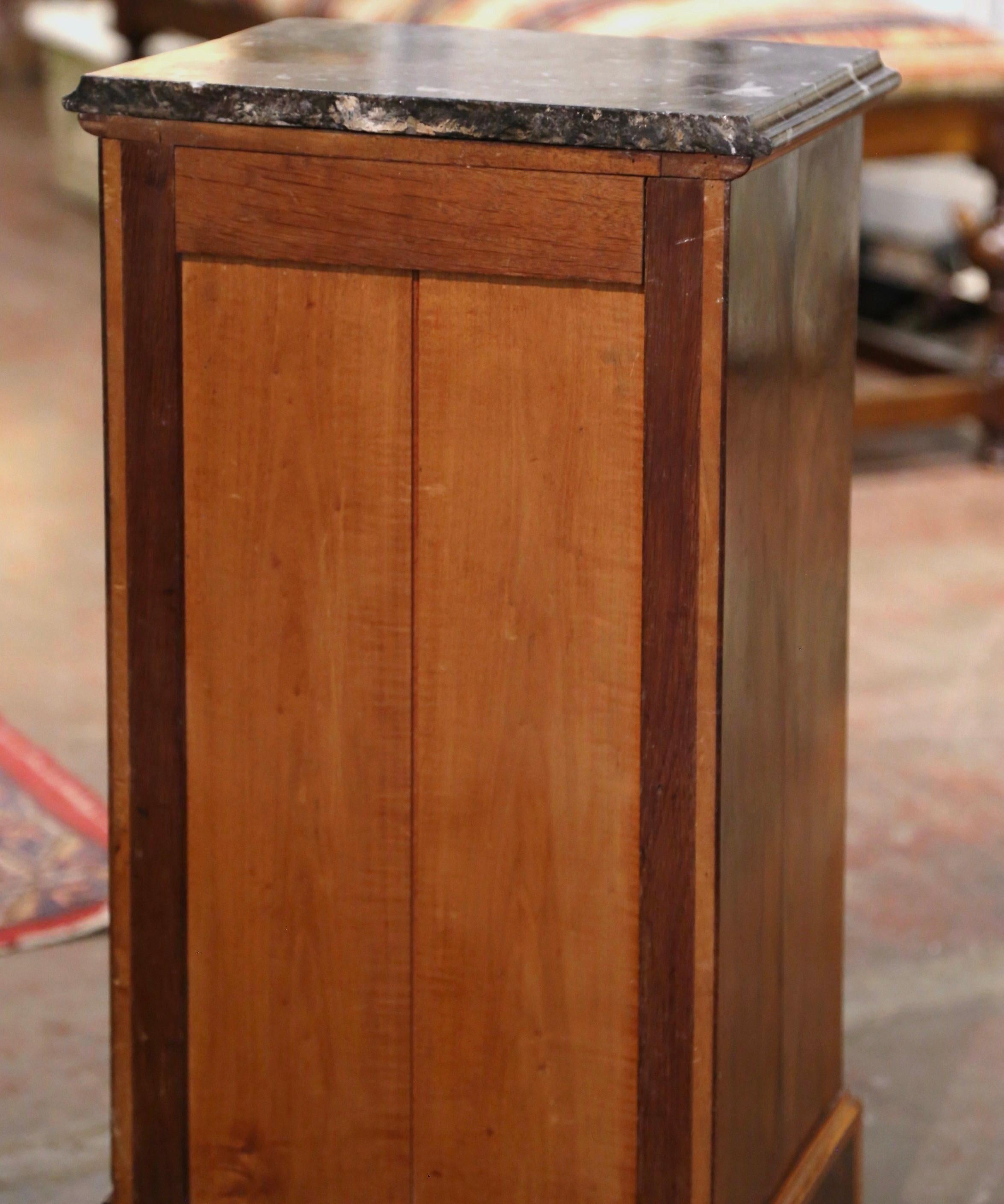 19th Century French Louis Philippe Marble Top Walnut Marquetry Bedside Table For Sale 8