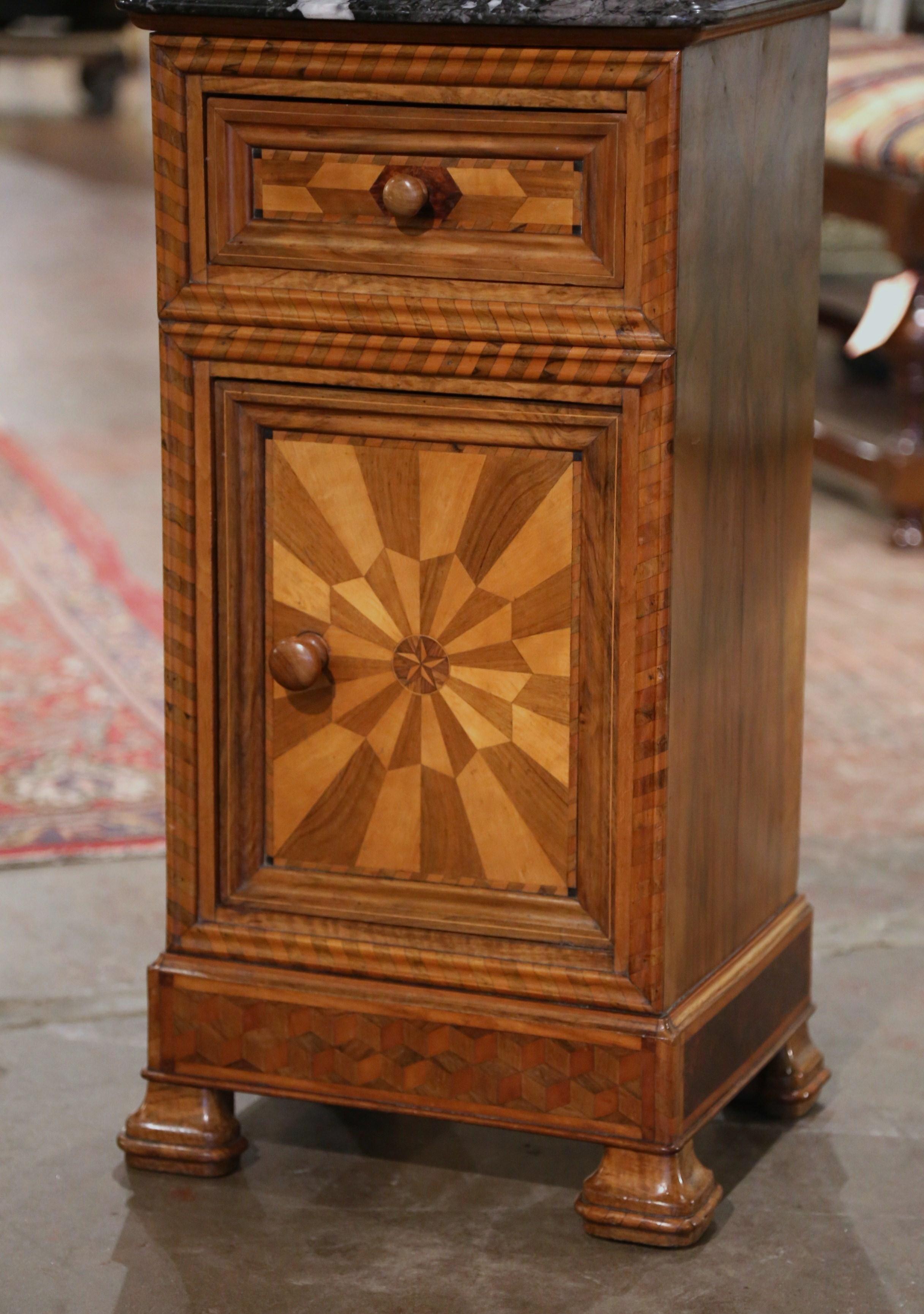 Hand-Crafted 19th Century French Louis Philippe Marble Top Walnut Marquetry Bedside Table For Sale