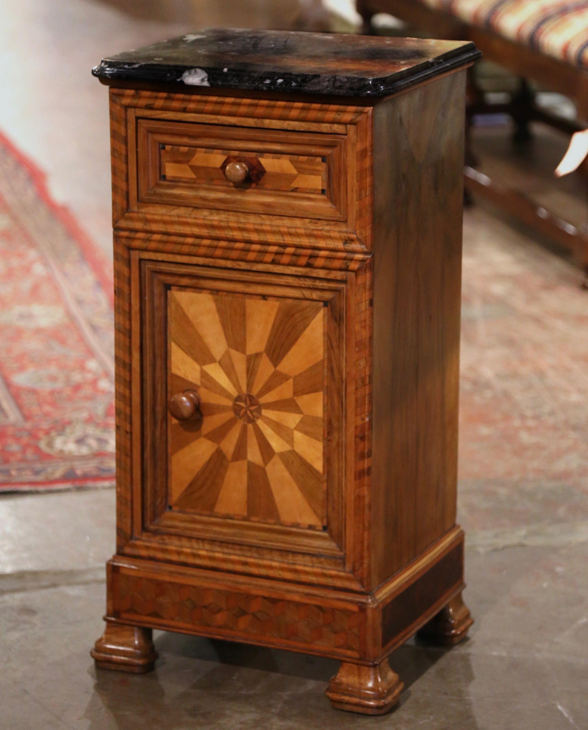 19th Century French Louis Philippe Marble Top Walnut Marquetry Bedside Table For Sale 1
