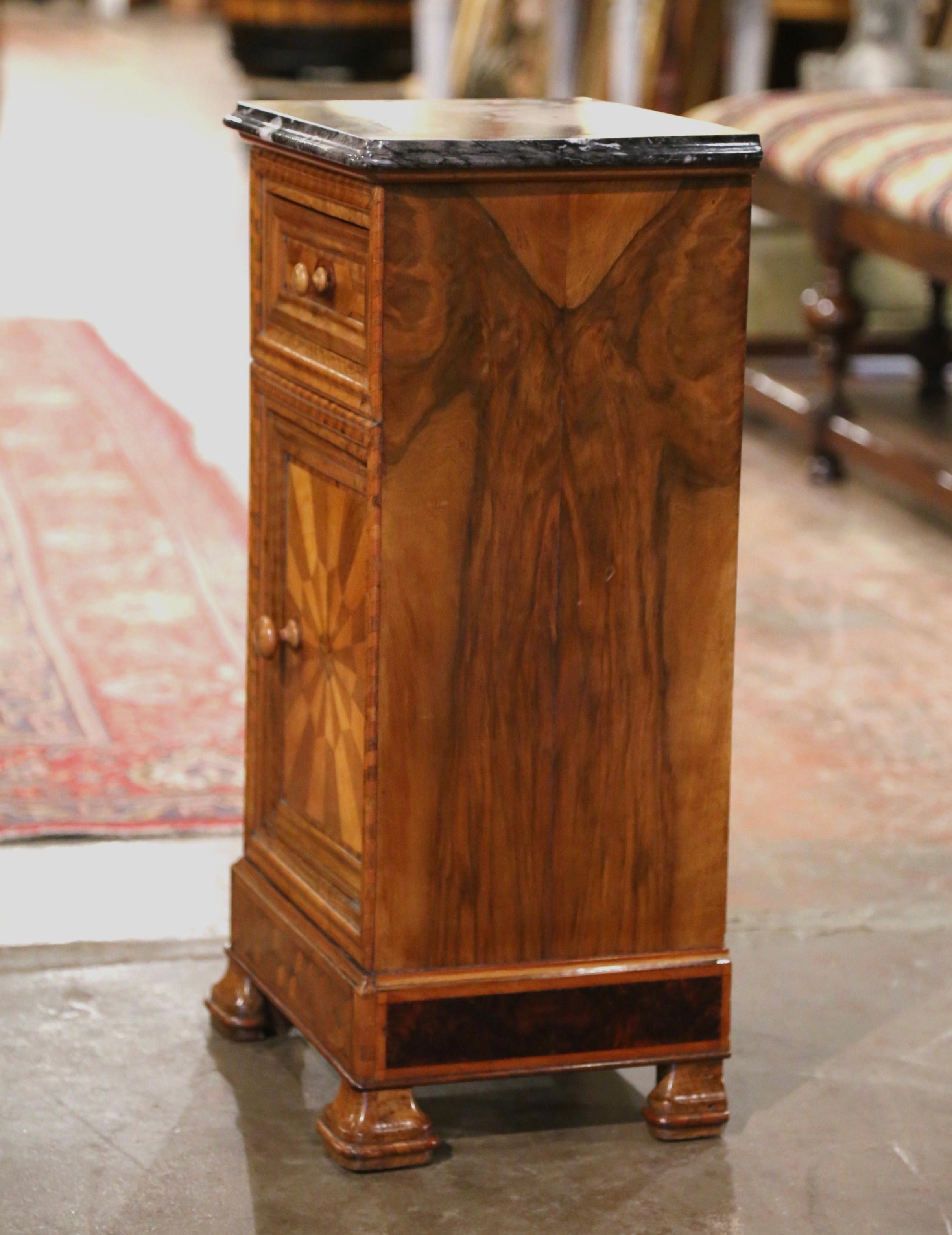 19th Century French Louis Philippe Marble Top Walnut Marquetry Bedside Table For Sale 2