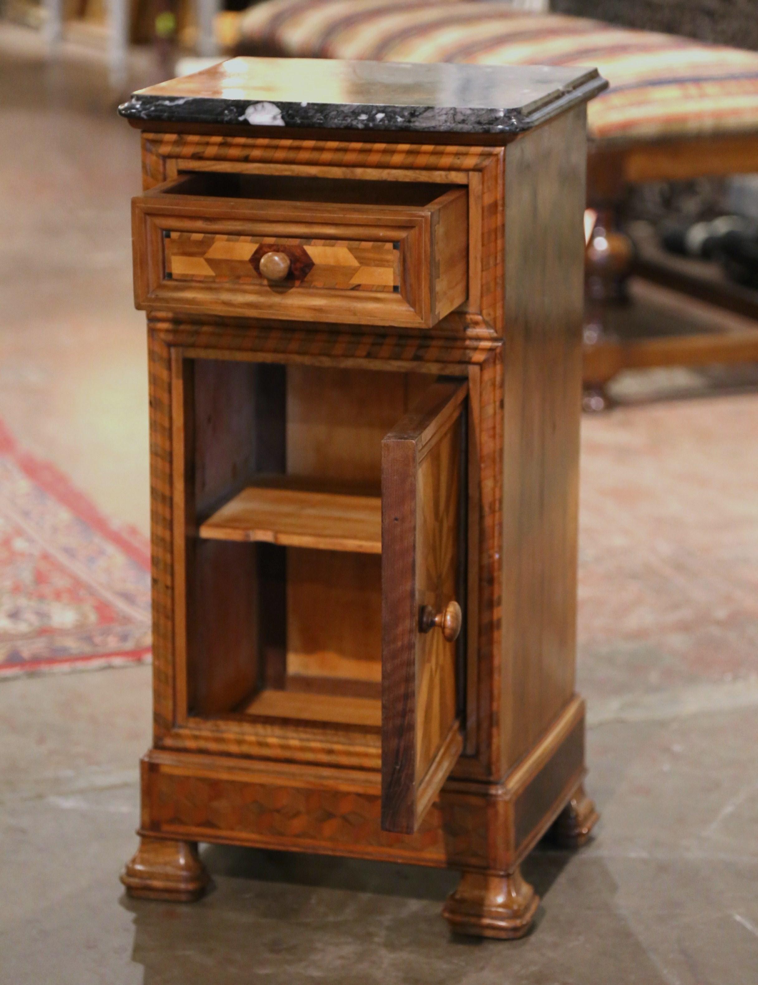 19th Century French Louis Philippe Marble Top Walnut Marquetry Bedside Table For Sale 3