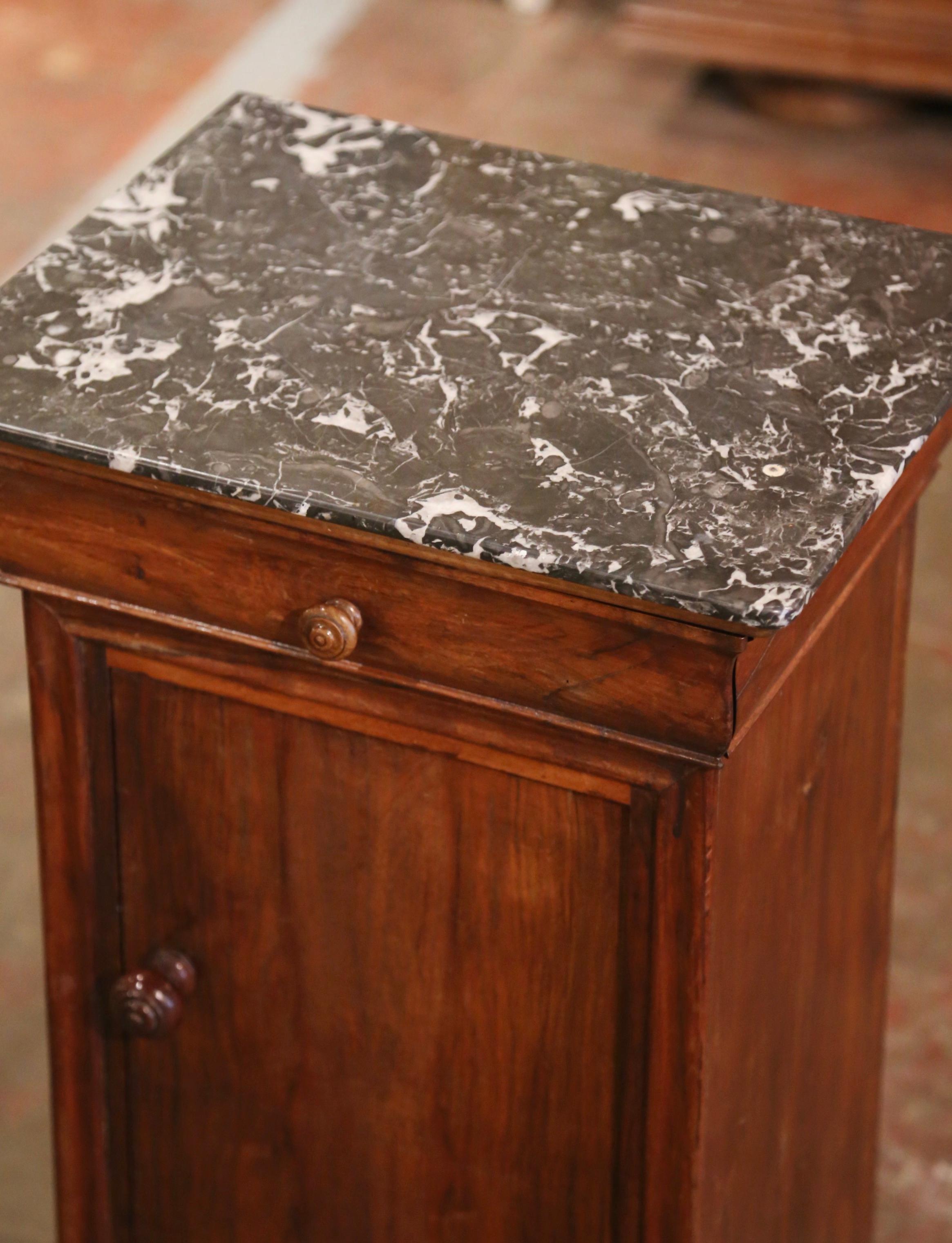 Hand-Crafted 19th Century, French Louis Philippe Marble Top Walnut Nightstand Bedside Cabinet