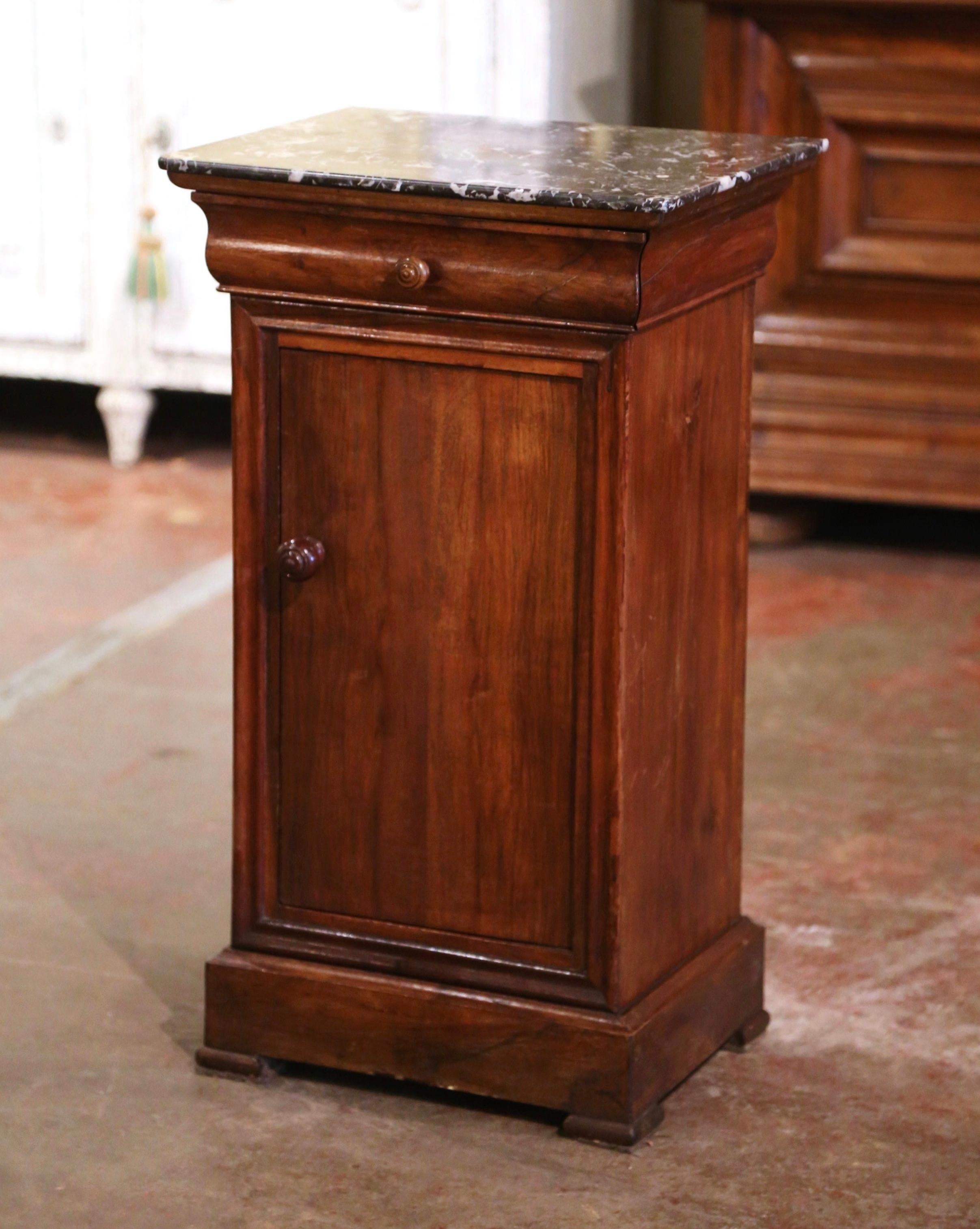 19th Century, French Louis Philippe Marble Top Walnut Nightstand Bedside Cabinet In Excellent Condition In Dallas, TX