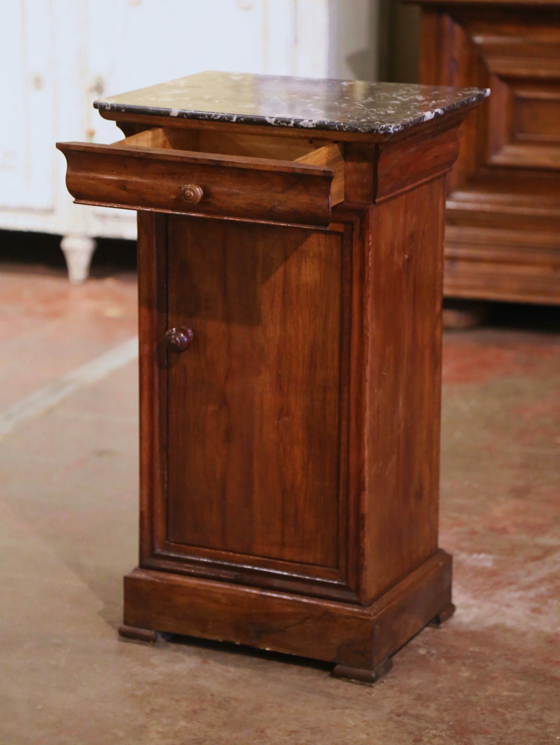 19th Century, French Louis Philippe Marble Top Walnut Nightstand Bedside Cabinet 1